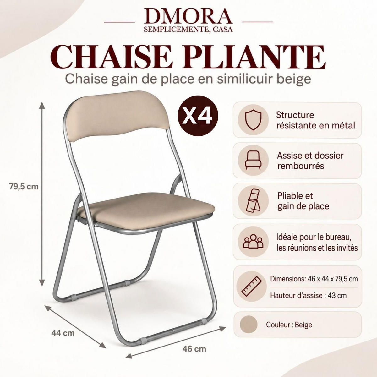 KLAPPSTUHL 4er Set in Metall Beige 47x43h79.5 - Beige, Metall (43/80/47cm) - DMORA