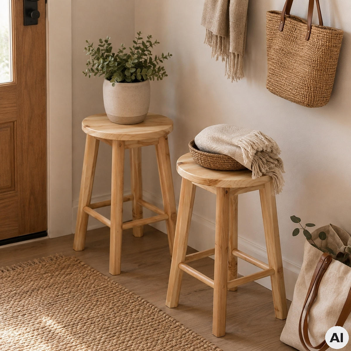 HOLZHOCKER Kiefer Natur 2-er Set 28 x 28 x 46 cm runde Sitzfläche - Naturfarben, Holz (28/46/28cm) - Begryf