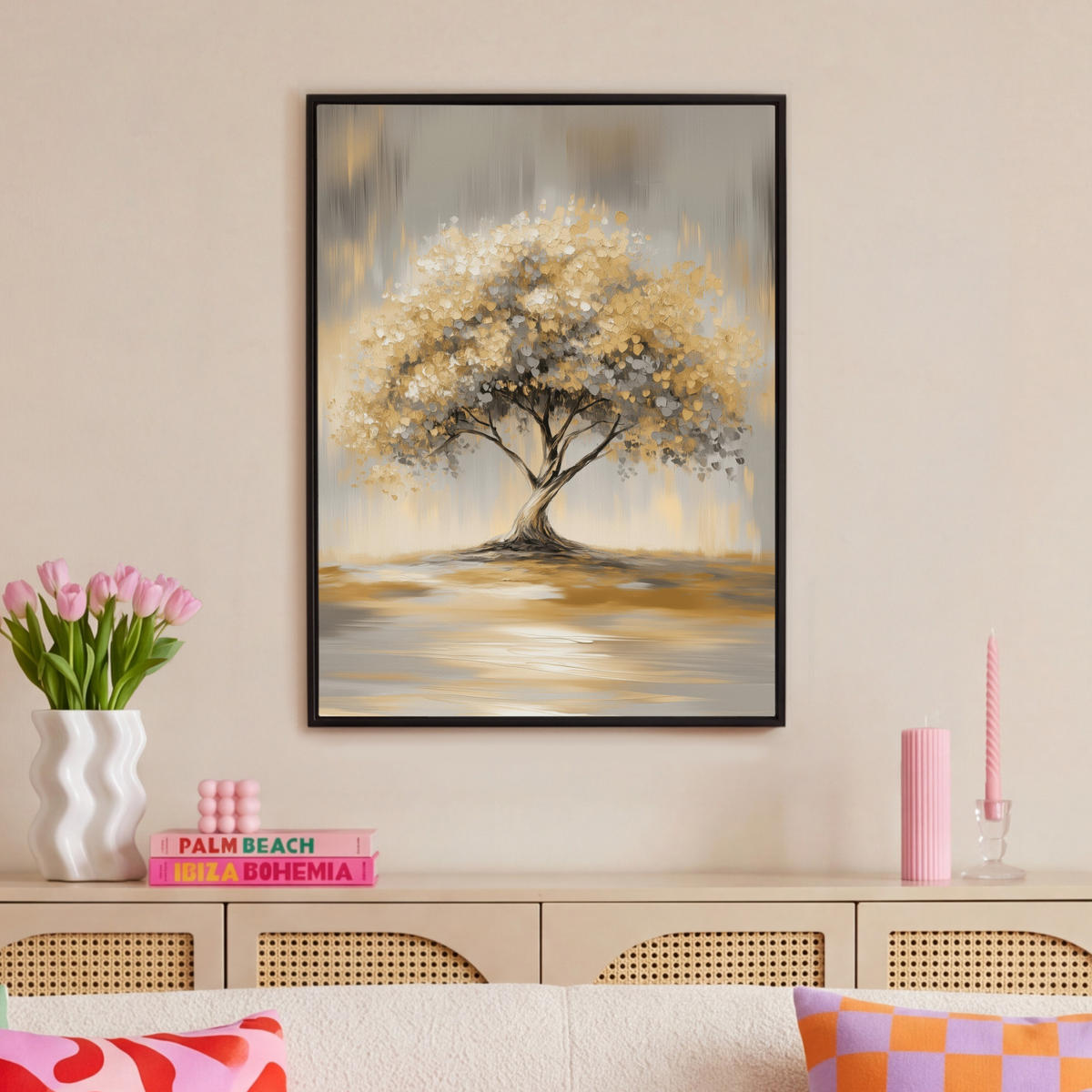 LEINWAND Bilder mit Rahmen - Gemälde - Baum - Abstrakt - Blätter - 70x100 - Beige, Textil (70/100cm) - MuchoWow