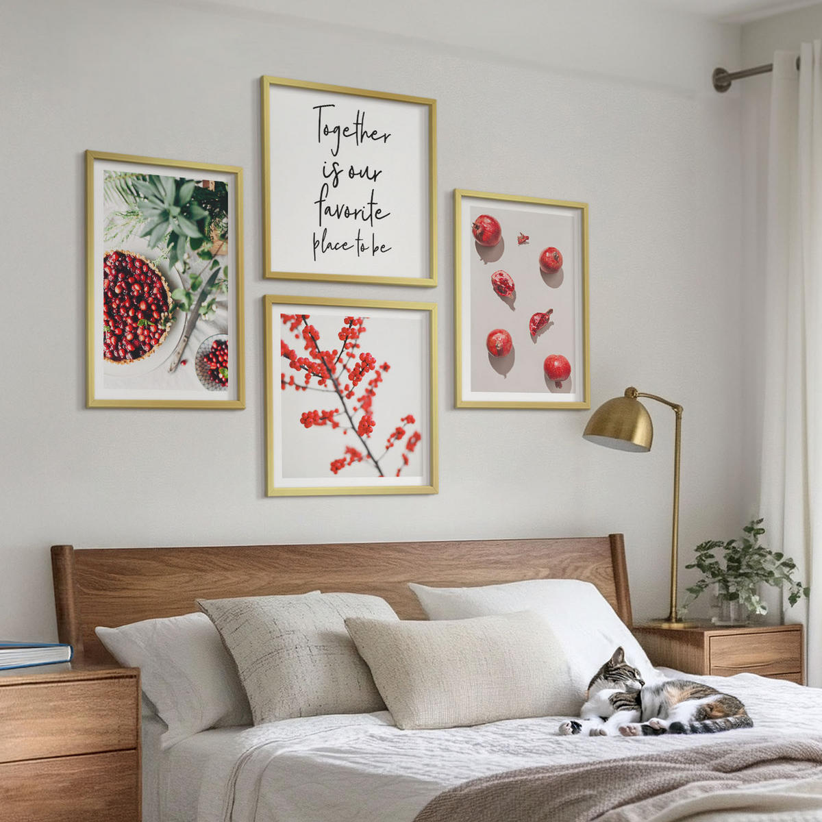 BILDER SET 4er Set - 50x50 cm & 40x60 cm Goldrahmen - Minimalismus der roten Früchte von Pflanzen - Goldfarben, Kunststoff (50/50cm) - TULUP