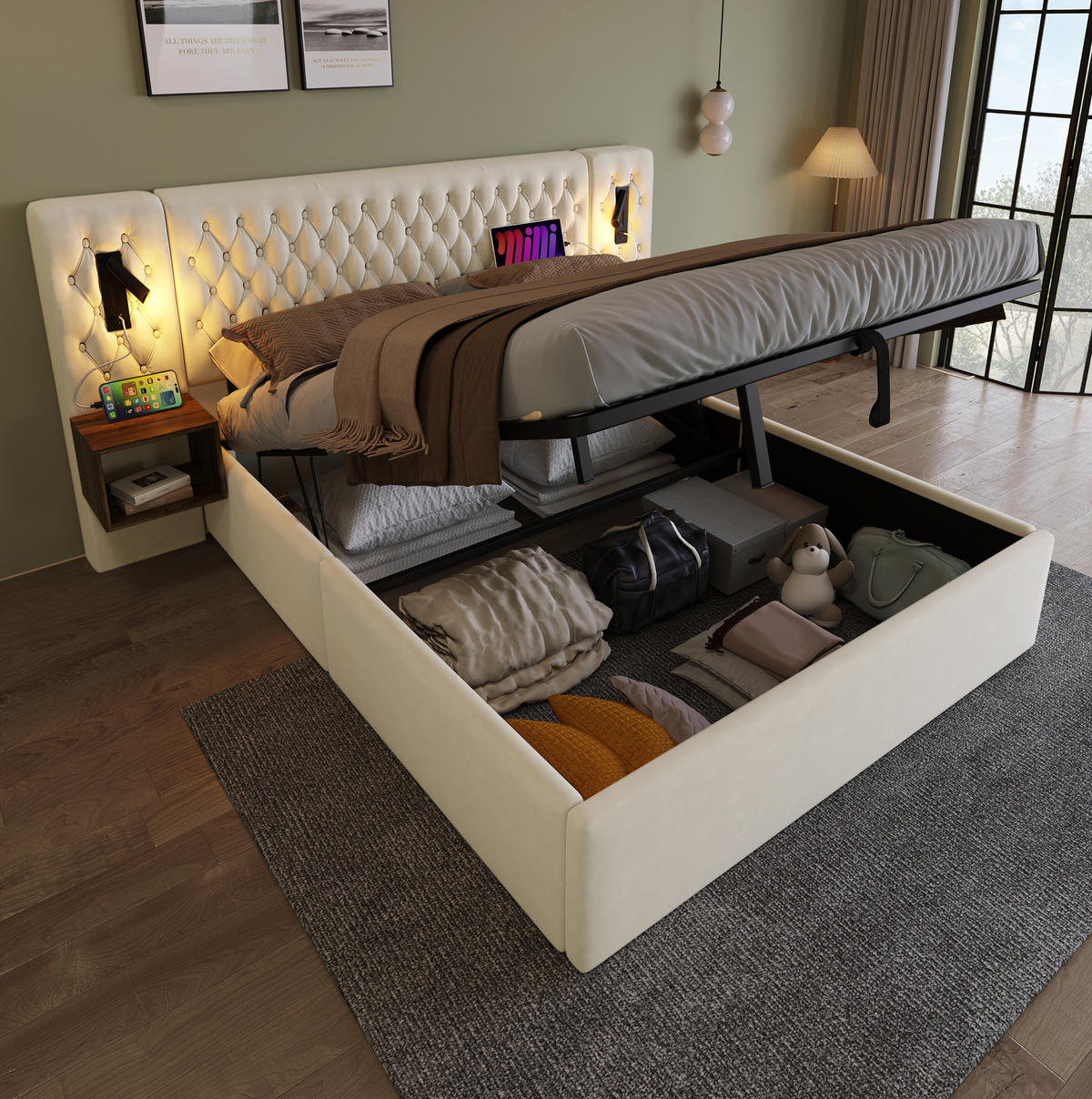 BETTANLAGE mit Stauraum 160x200 cm Samt Beige inkl. 2 Nachttischen - Beige, Metall (160/200cm) - Meubliv