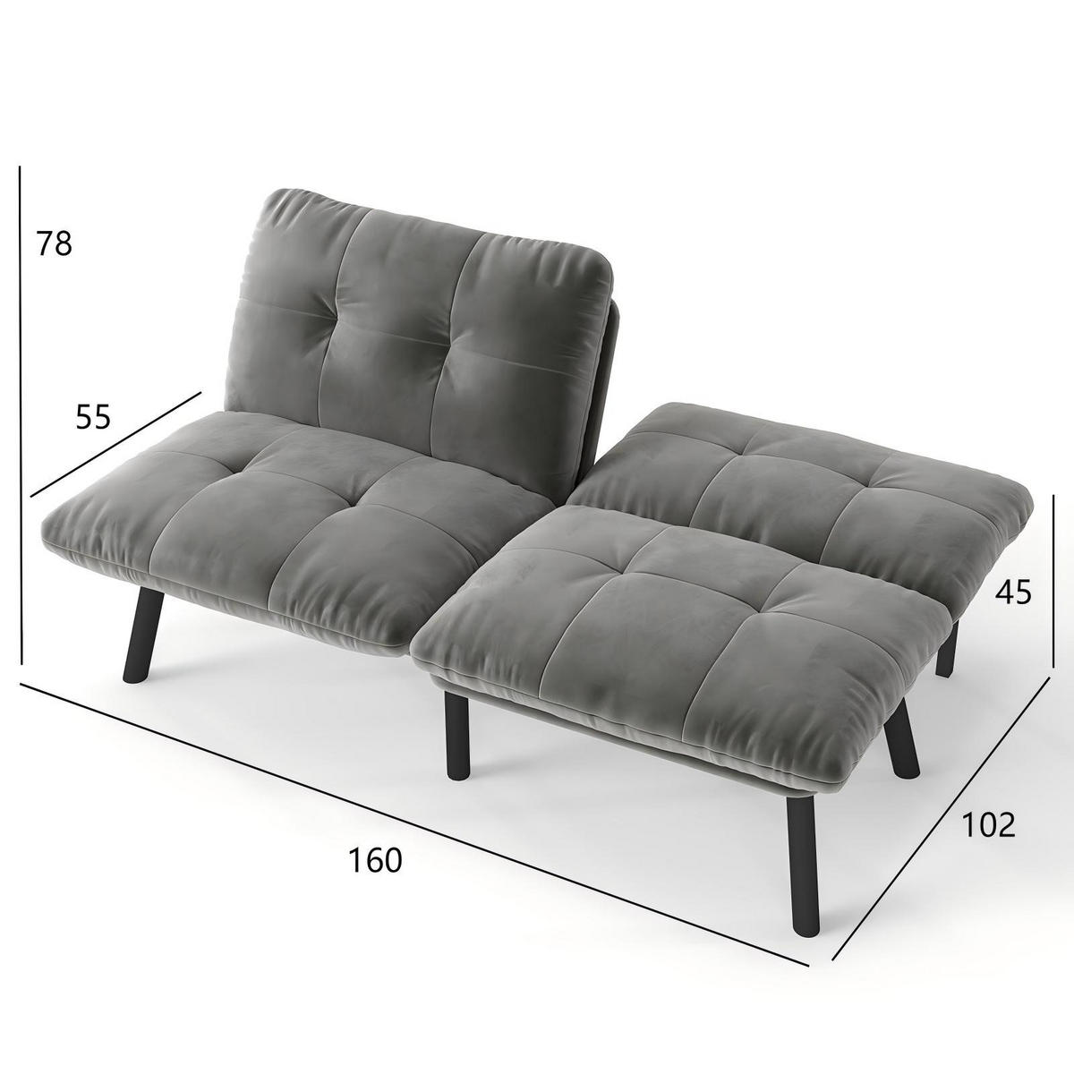 SCHLAFSOFA 160/55/78 cm Gray Samt - Grau, Textil (81/78/160cm) - Oxeza