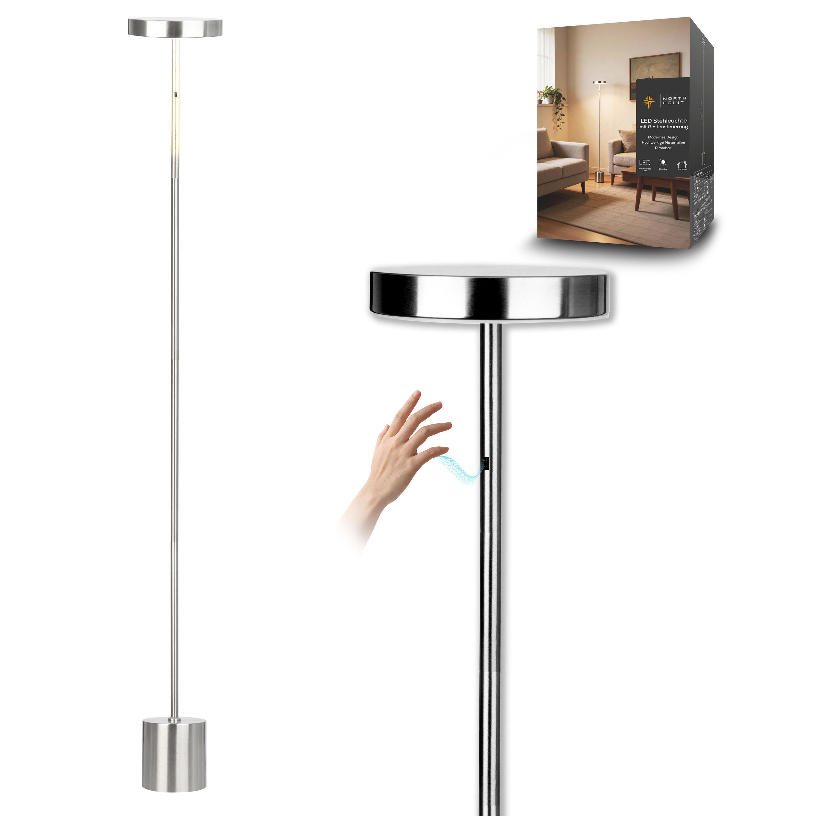 LED-STEHLEUCHTE Metall dimmbar Gestensteuerung warmweiß 3000K 700 Lumen modernes Design Wohnzimmer Schlafzimmer Höhe 140cm - Chromfarben, Metall (16/16/140cm) - Northpoint