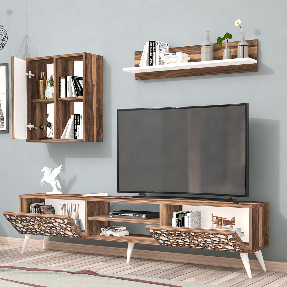 ANBAUWAND Leka 3-tlg - Nussbaumfarben/Weiß, Holzwerkstoff (29.5/48/180cm) - [en.casa]