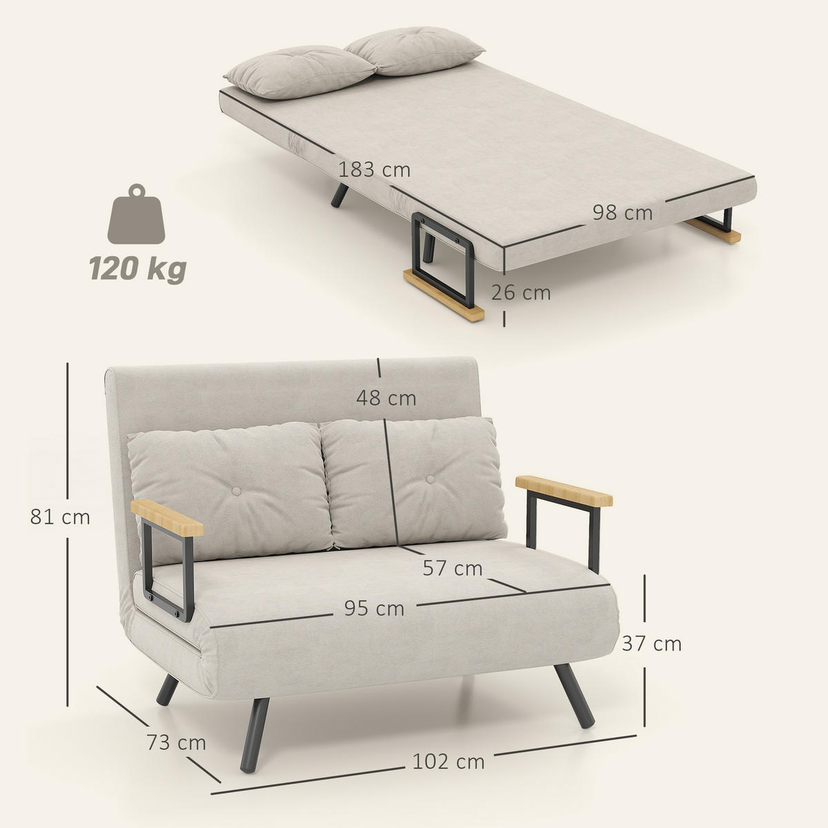 SCHLAFSOFA 2er-Sitz DE-14558 5-fach verstellbar mit Veloursbezug Beige - Beige, Metall (102/81/73cm) - ComfortXL