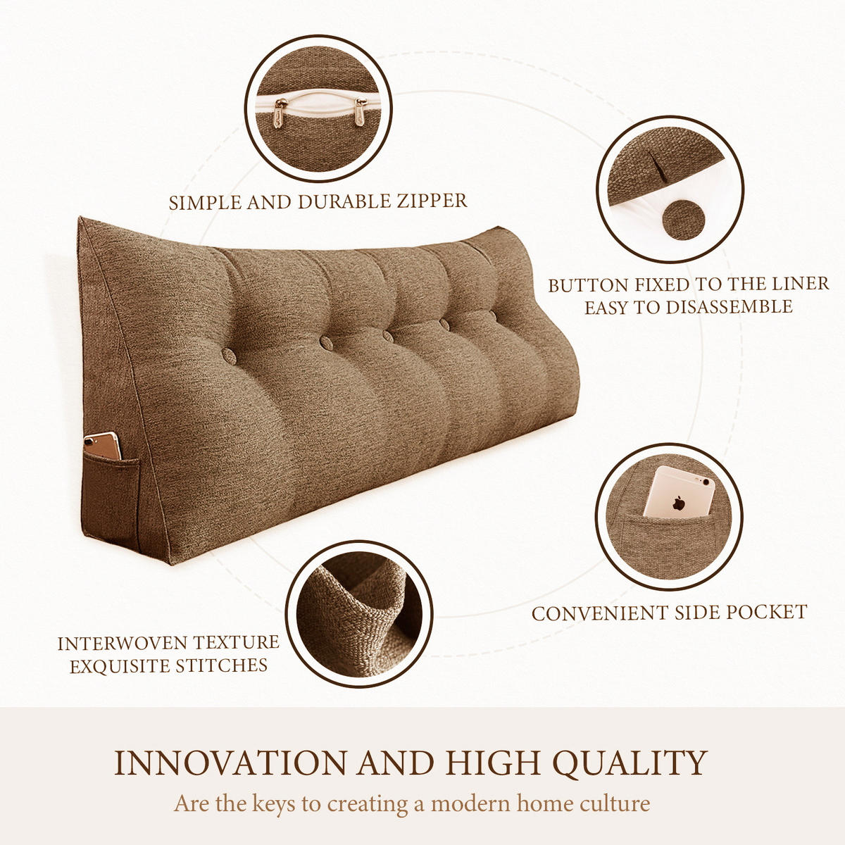 RÜCKENKISSEN für Bett Leinenlook Braun 140 cm - Braun, Textil (50/140cm) - Vercart