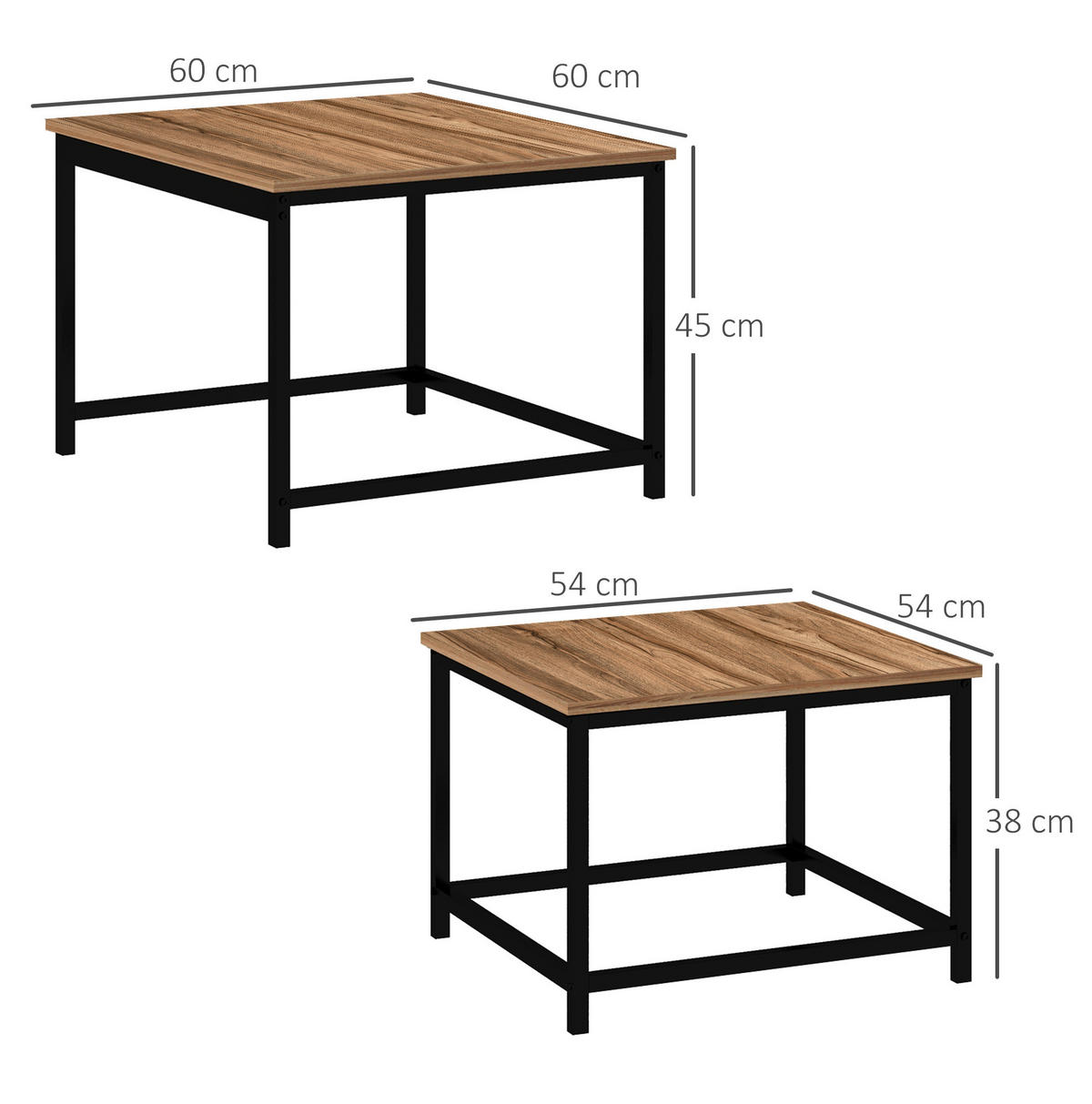 KLUBSKA miza, komplet 2 kosov, 60/60/45 cm in 54/54/38 cm, naravni lesni dekor in črno jeklo - naravne barve, leseni material (60/60/45cm) - BEAOK