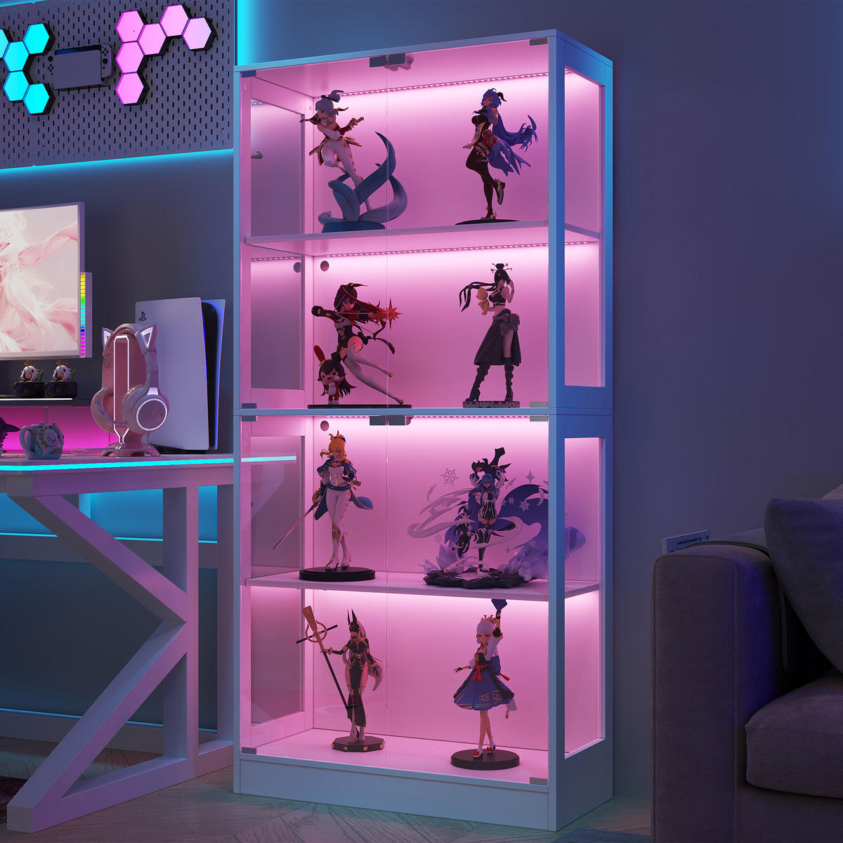 VITRINE 4 Ebenen Stauraum, App-gesteuertem LED-Licht, Push-to-Open Türen 80/35/170 cm - Transparent/Weiß, Glas/Holzwerkstoff (80/170/35cm) - EVRYAE