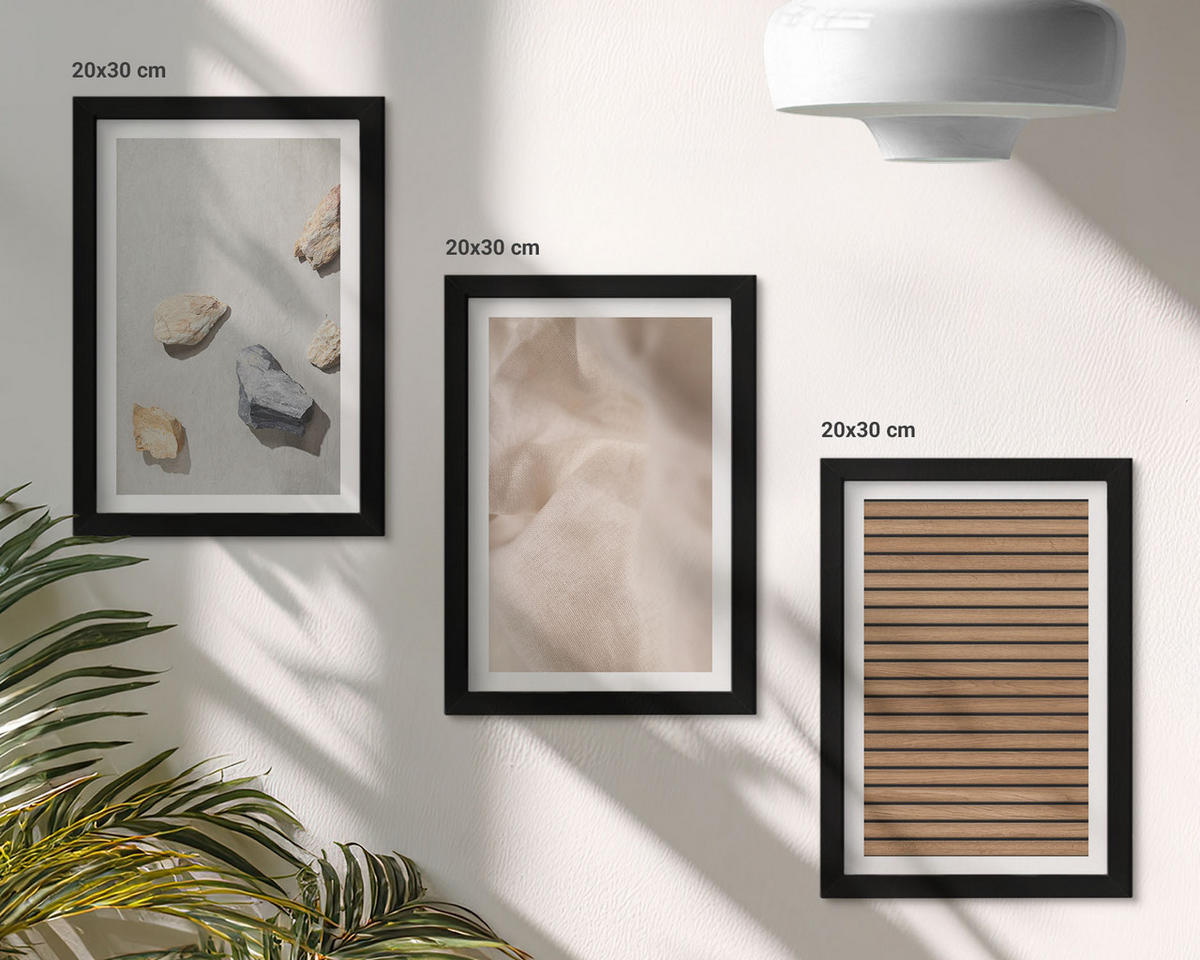 BILDER SET 3er Set - 20x30 cm Schwarzer Rahmen - Steine, Holz, Stofftexturen - Schwarz, Kunststoff (20/30cm) - TULUP