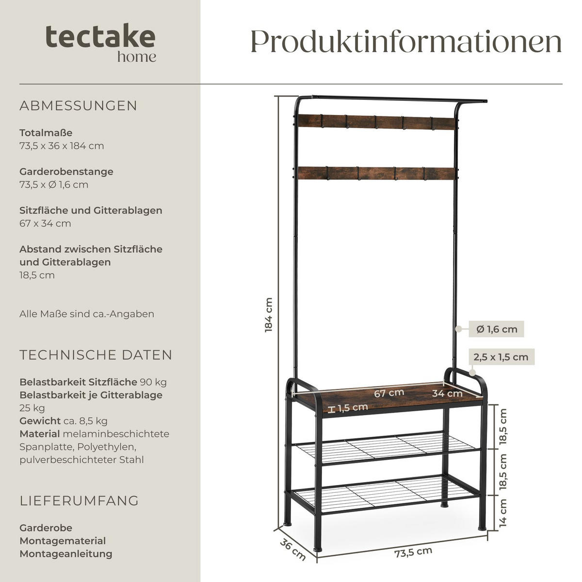 GARDEROBENSTÄNDER Wichita, inklusive Kippschutz, 73,5 x 36 x 184 cm, Industrial Holz dunkel, rustikal - Rostfarben, Textil (36/184/73.5cm) - tectake