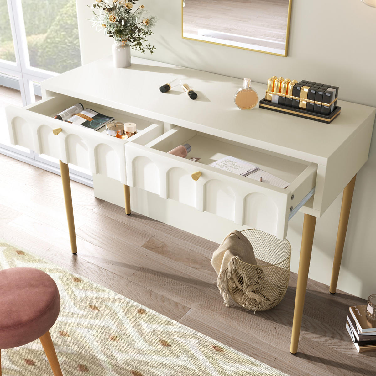 SCHMINKTISCH aus Holz und Metall 100x45x76,5 cm Creme-Weiß mit 2 Schubladen und gewölbten Fronten - Weiß, Holzwerkstoff (100/76.5/45cm) - Modfu