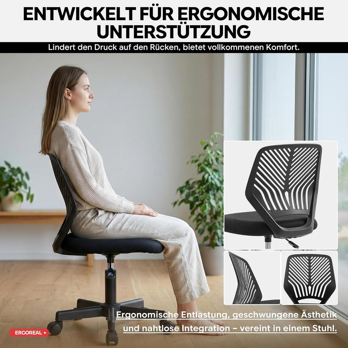 BÜROSTUHL Ergonomischer ohne Armlehne, mit Rollen & Höhenverstellung - Schwarz, Metall (55/79/55cm)