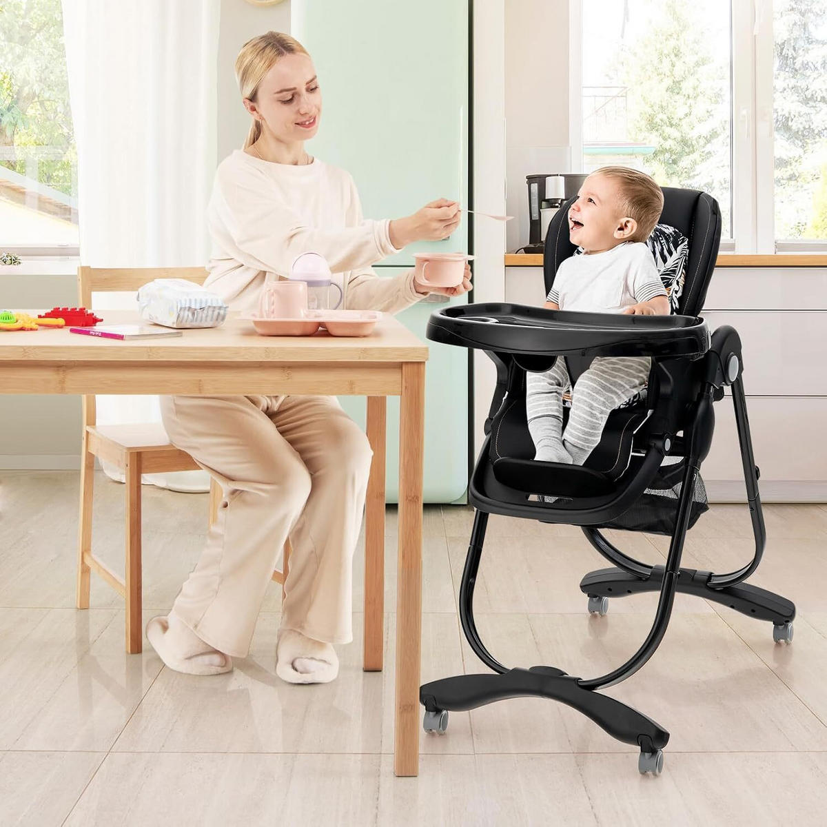 KINDERHOCHSTUHL Höhenverstellbar schwarz - Schwarz, Kunststoff (102/92/55cm) - COSTWAY