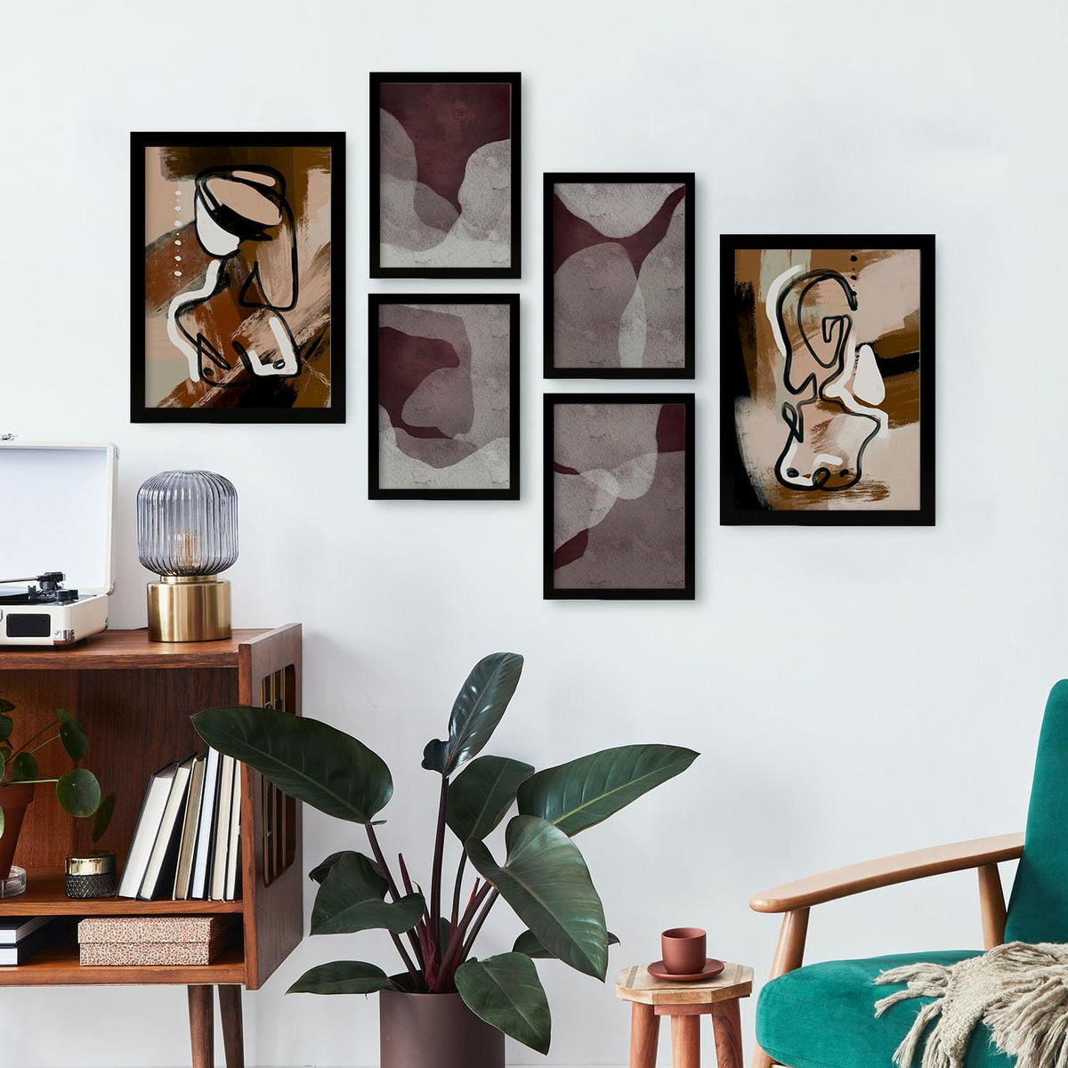 POSTER Set Mit 6 Progeny Art Abstrakt feminin Größe A3 & A4 Schwarzer Rahmen - Schwarz, Papier (29.7/1cm) - Nacnic