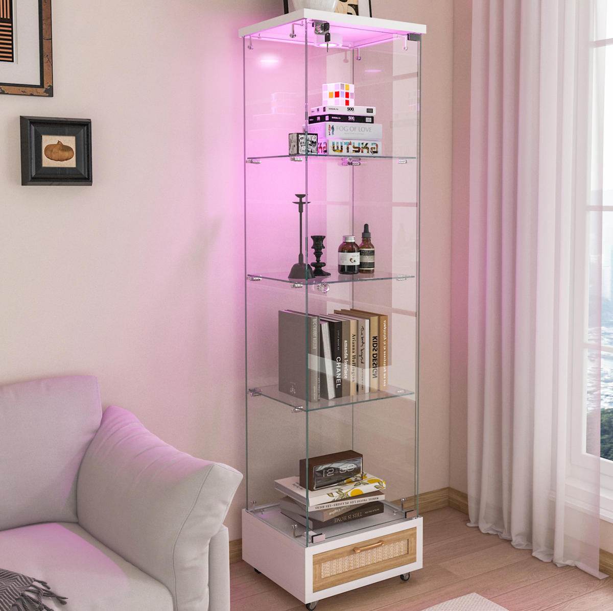 VITRINE 42,5/36,5/167 cm in Weiß mit LED-Beleuchtung und Schubladen - Weiß, Holzwerkstoff (42.5/167/36.5cm) - Flora Grace