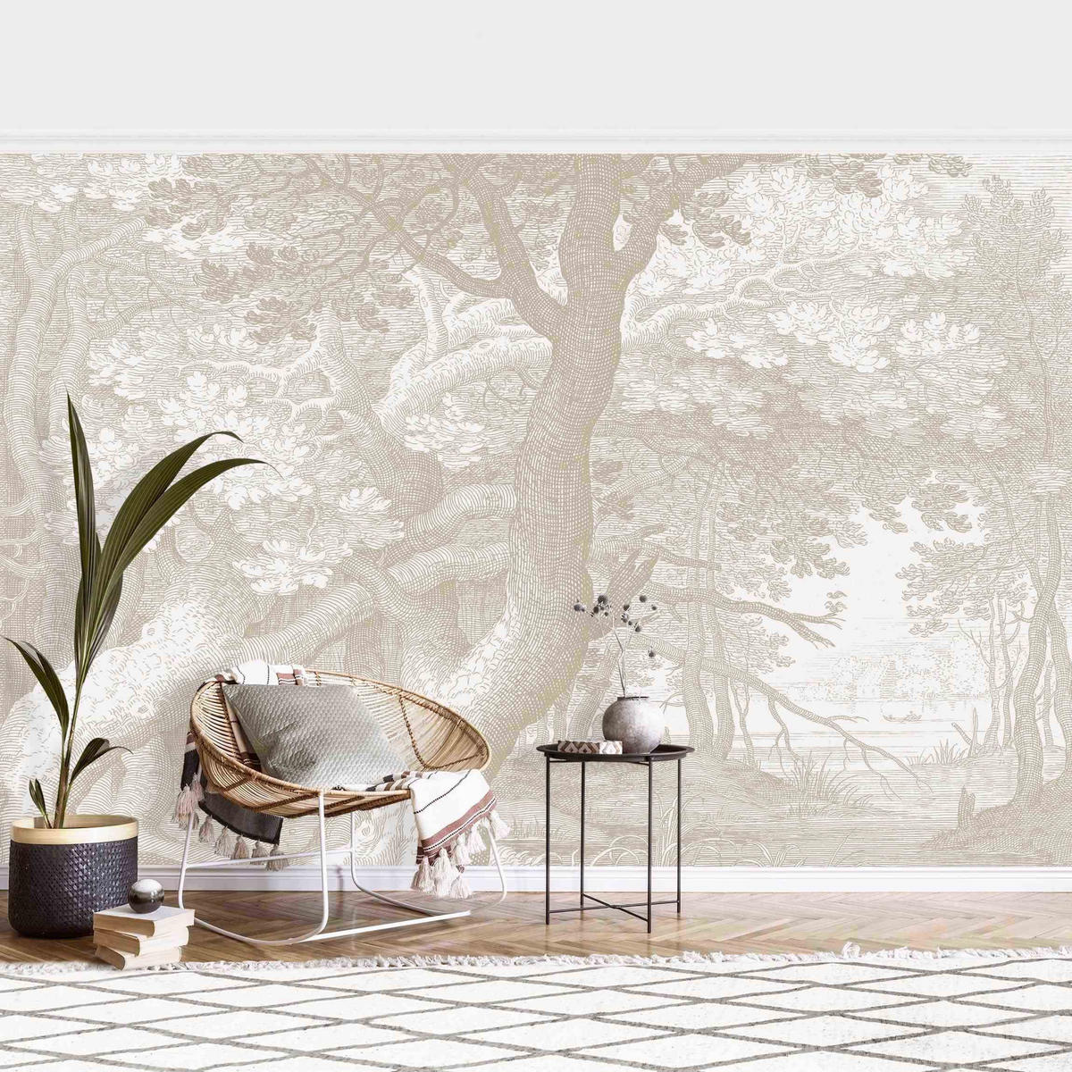 FOTOTAPETE Im Wald Kupferstich in Beige 288/190 cm - Eichefarben, Papier (288/190cm) - Bilderwelten