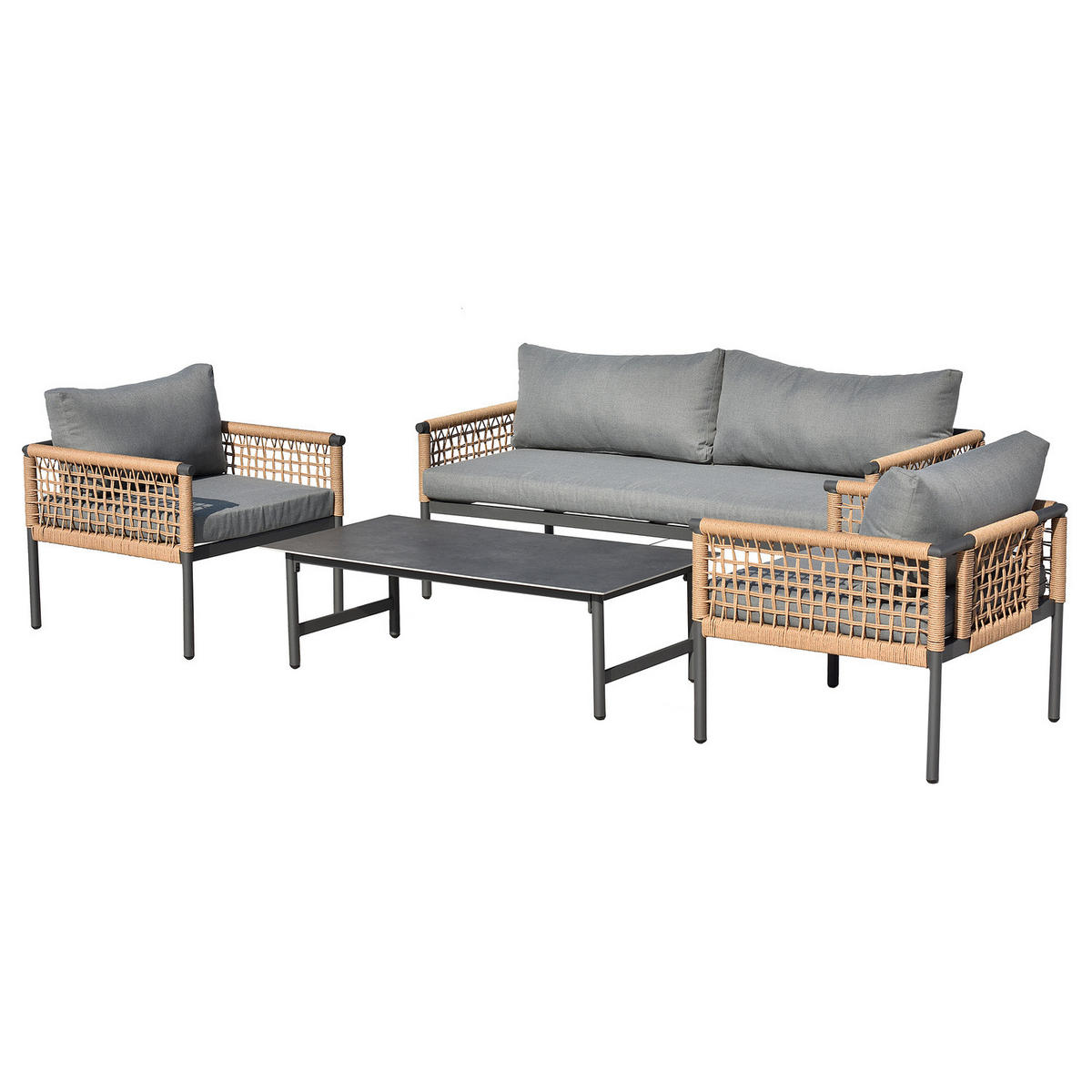 LOUNGEGRUPPE - 4-teilig - Stahl / Webstoff - Grau - Weiß/Grau, Kunststoff/Textil - home24