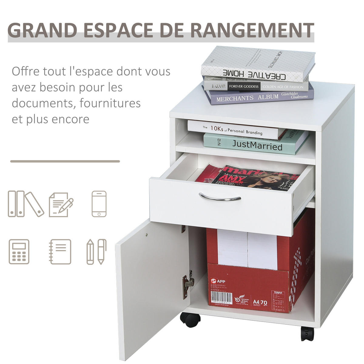 ROLLCONTAINER DE-14389 mit Schublade und Schrank Weiß - Weiß, Holzwerkstoff (35/60/40cm) - ComfortXL