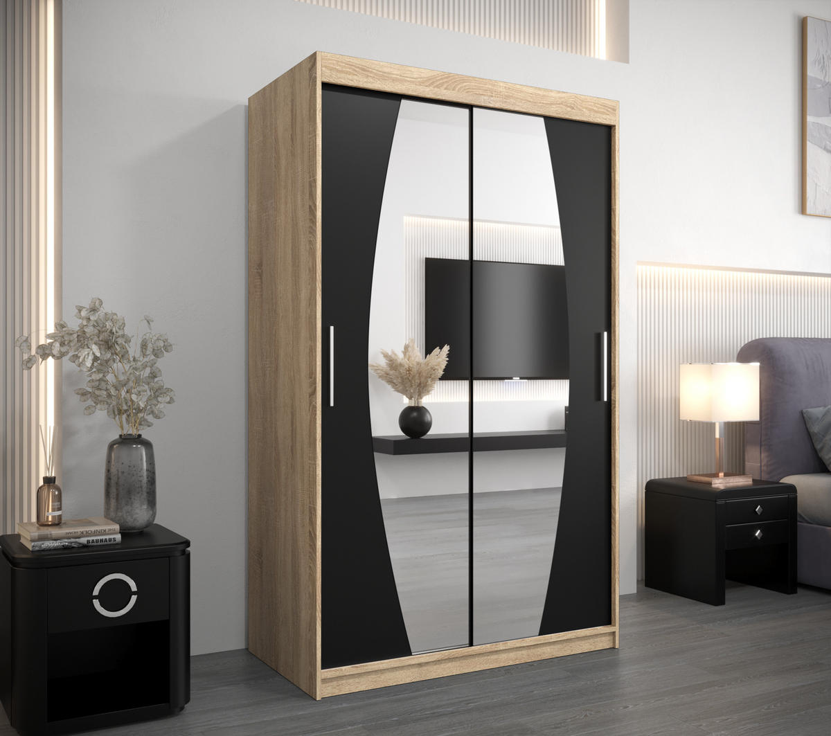 SCHWEBETÜRENSCHRANK 200/120/62 2-türig - Silberfarben/Schwarz, Holz/Kunststoff (120/200/62cm) - Abiks Möbel