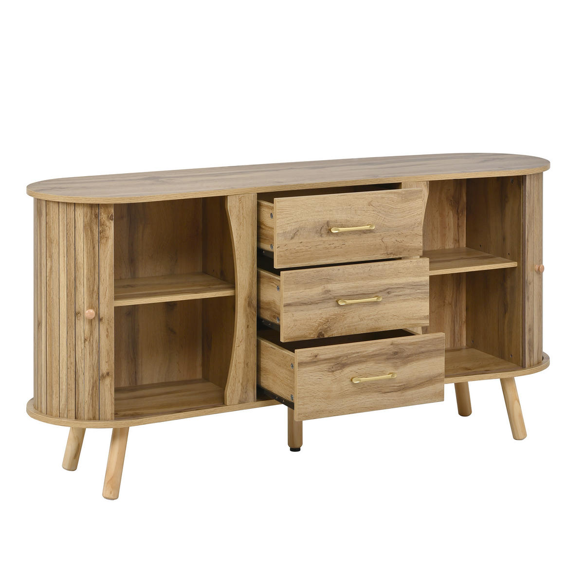 SIDEBOARD in Holzoptik Kommode mit Verstellbare Einlegeböden und Massivholzbeine, B150/T36,5/H75(cm) - Hellbraun, Holzwerkstoff (150/75/36.5cm) - STILVORA