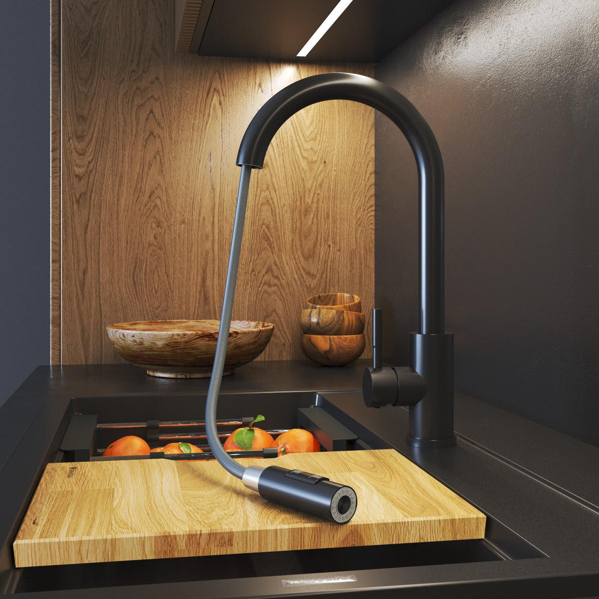 SPÜLBECKEN Best mit Batterie Siphon - Schwarz, Kunststoff/Stein (50/40/18cm) - Granitan