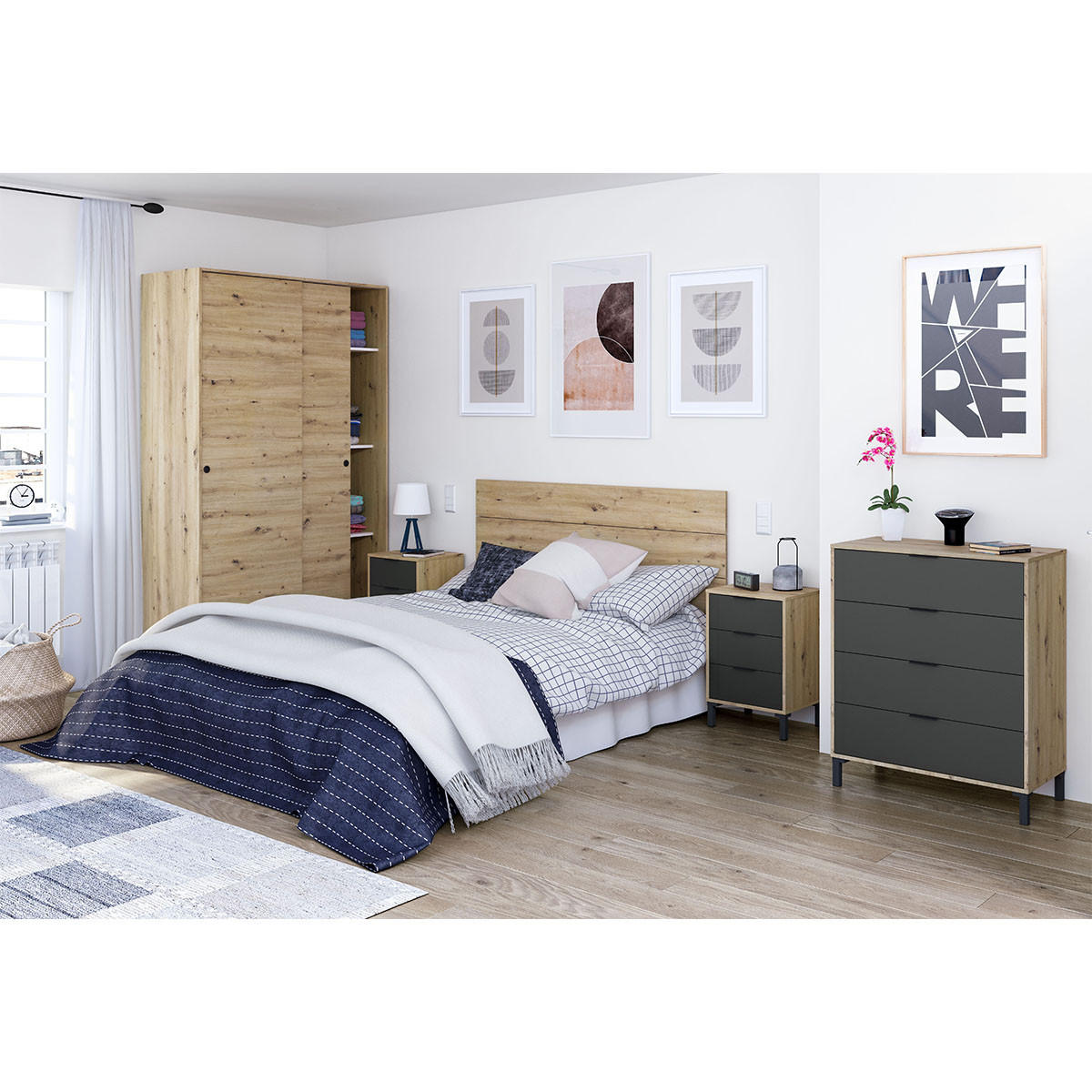 KOMMODE mit 4 Schubladen, Dekor Eiche und Anthrazitgrau - L77,5 cm - Apfelbaumfarben, Holzwerkstoff (40/93.5/77.5cm) - Calicosy