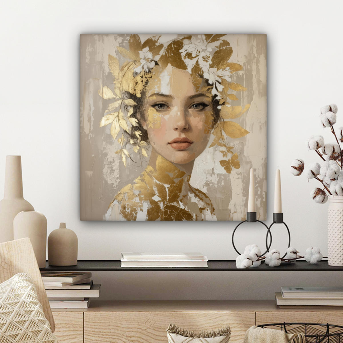 LEINWANDBILD Gesicht - Frau - Blätter - Gold Wandbild Wohnzimmer 50x50 cm - Beige, Textil (50/50cm) - MuchoWow