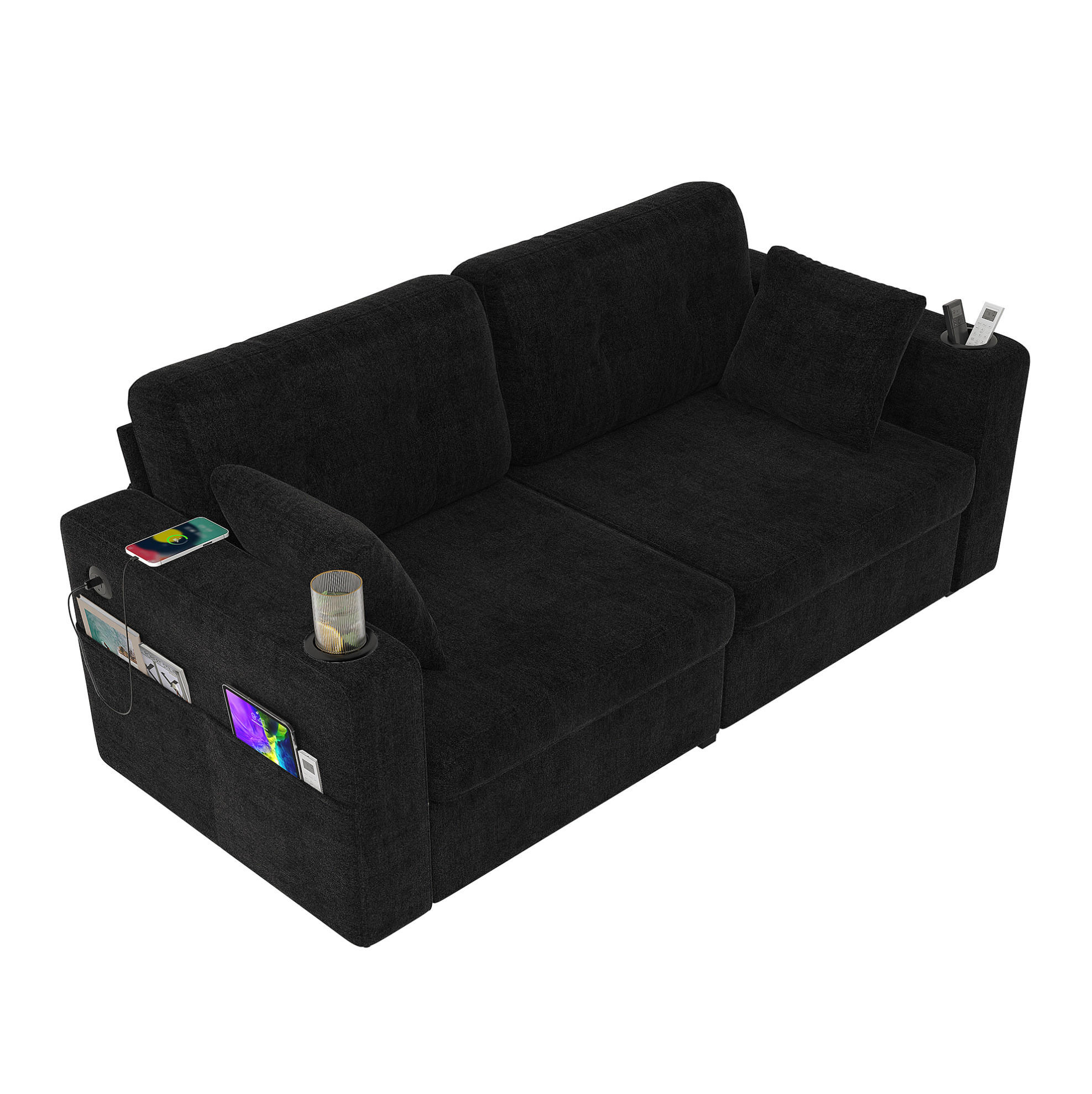 2-SITZER Sofa aus Chenille 172x75x82 cm in Schwarz mit USB & Stauraumschubladen - Schwarz, Textil (75/82/172cm) - Modfu