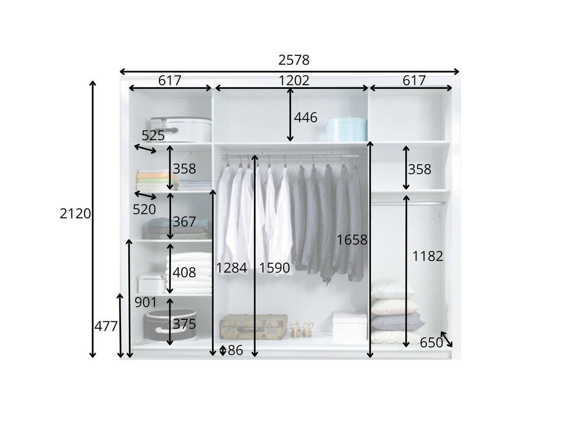 KLEIDERSCHRANK Weiß Hochglanz 252/213/67 - Weiß Hochglanz, Holzwerkstoff (252/213/67cm) - RAUMHIRSCH FURNITURE