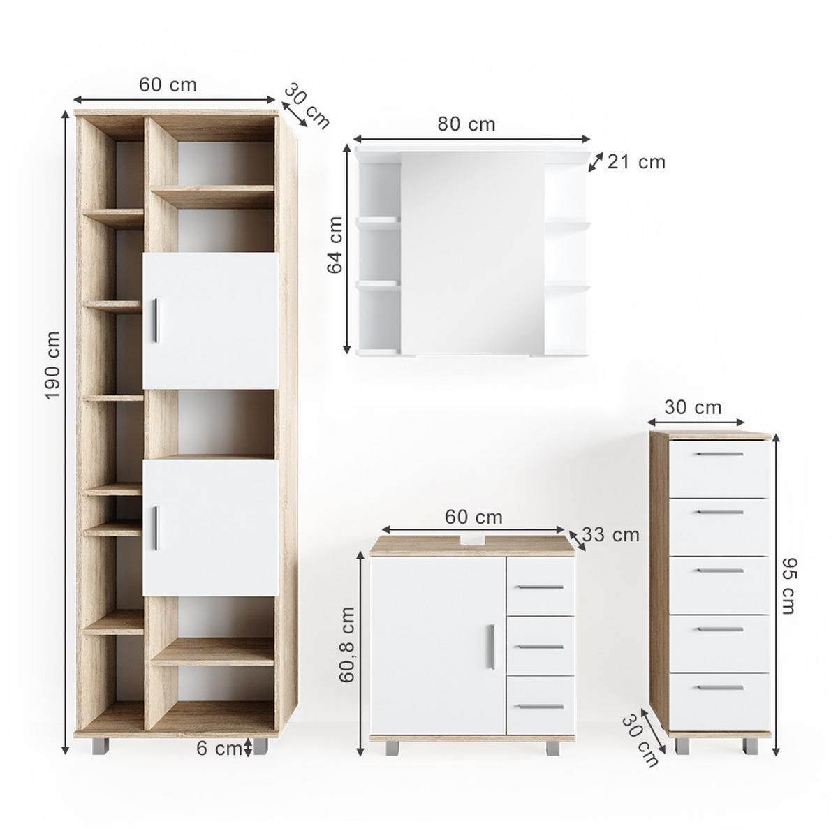 BADMÖBEL-SET Ilias Sonoma 4 Teile - Weiß/Sonoma Eiche, Holzwerkstoff (60/60/33cm) - Vicco