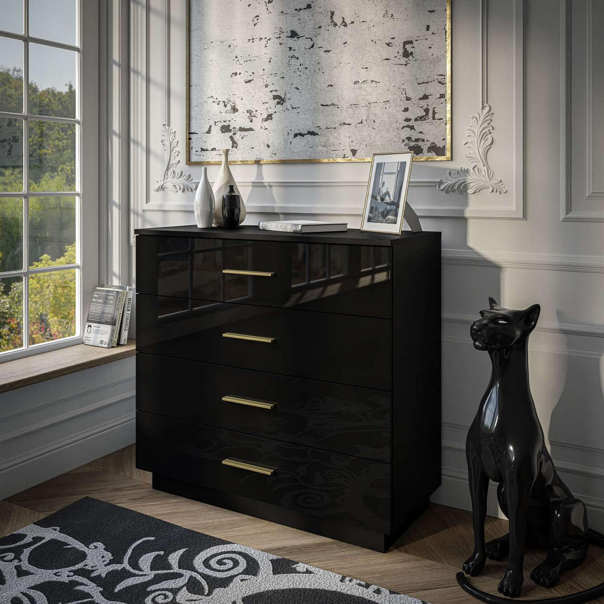 KOMMODE LINA 95 mit Griffen Schwarzer Glanz LED Griffe Gold - Goldfarben/Schwarz, Holzwerkstoff (95/84/40cm) - Lookway