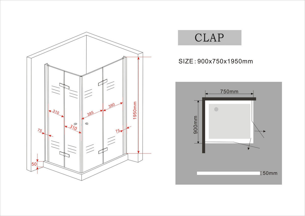 DUSCHKABINE CLAP Klar 90 x 75 x 195 cm 8 mm ESG - Klar, Glas (75/90/195cm) - Glasdeals