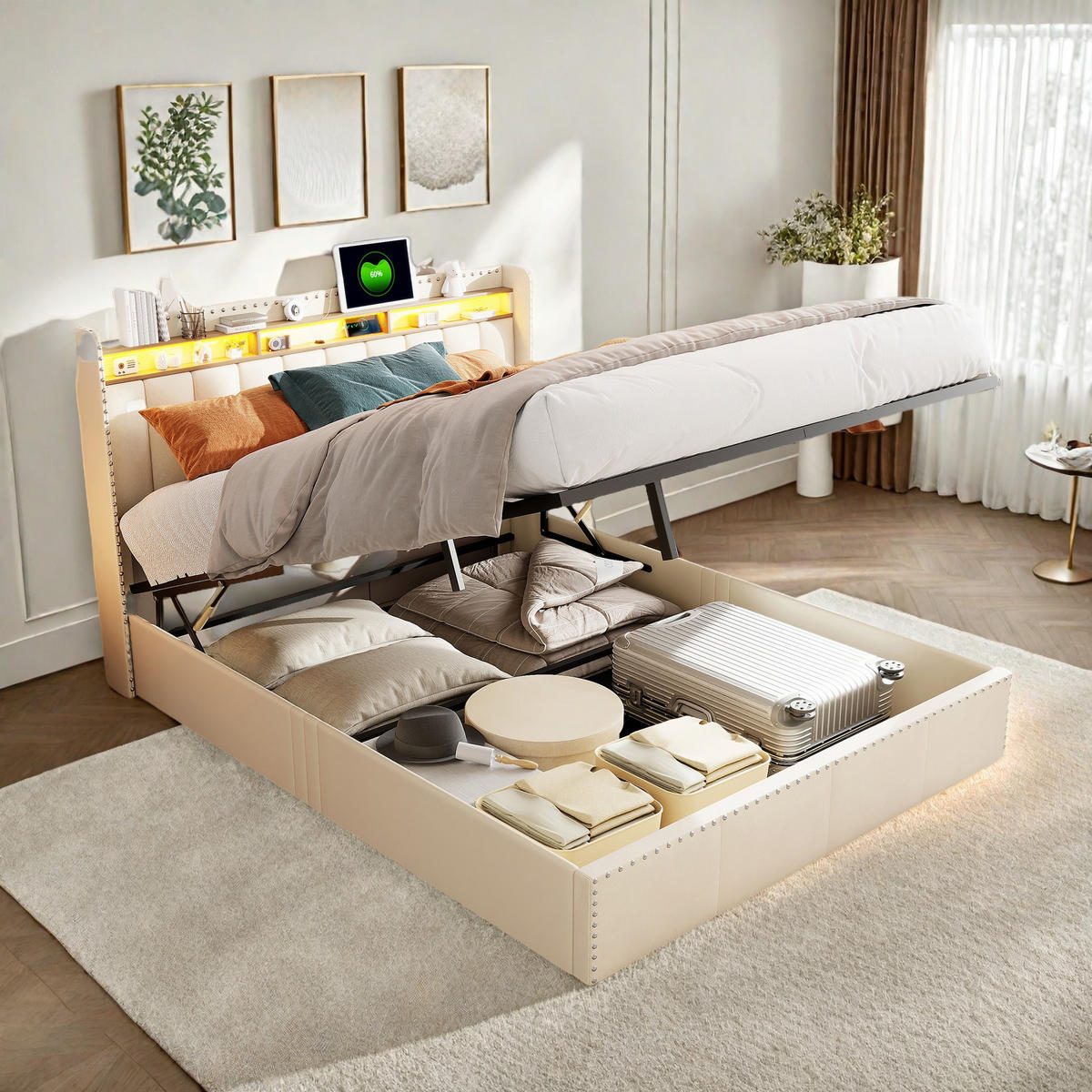POLSTERBETT 140x200 cm Beige Samt LED Nieten Gaslift Bettkasten - Beige, Holz (140/200cm) - SHOPENTRA