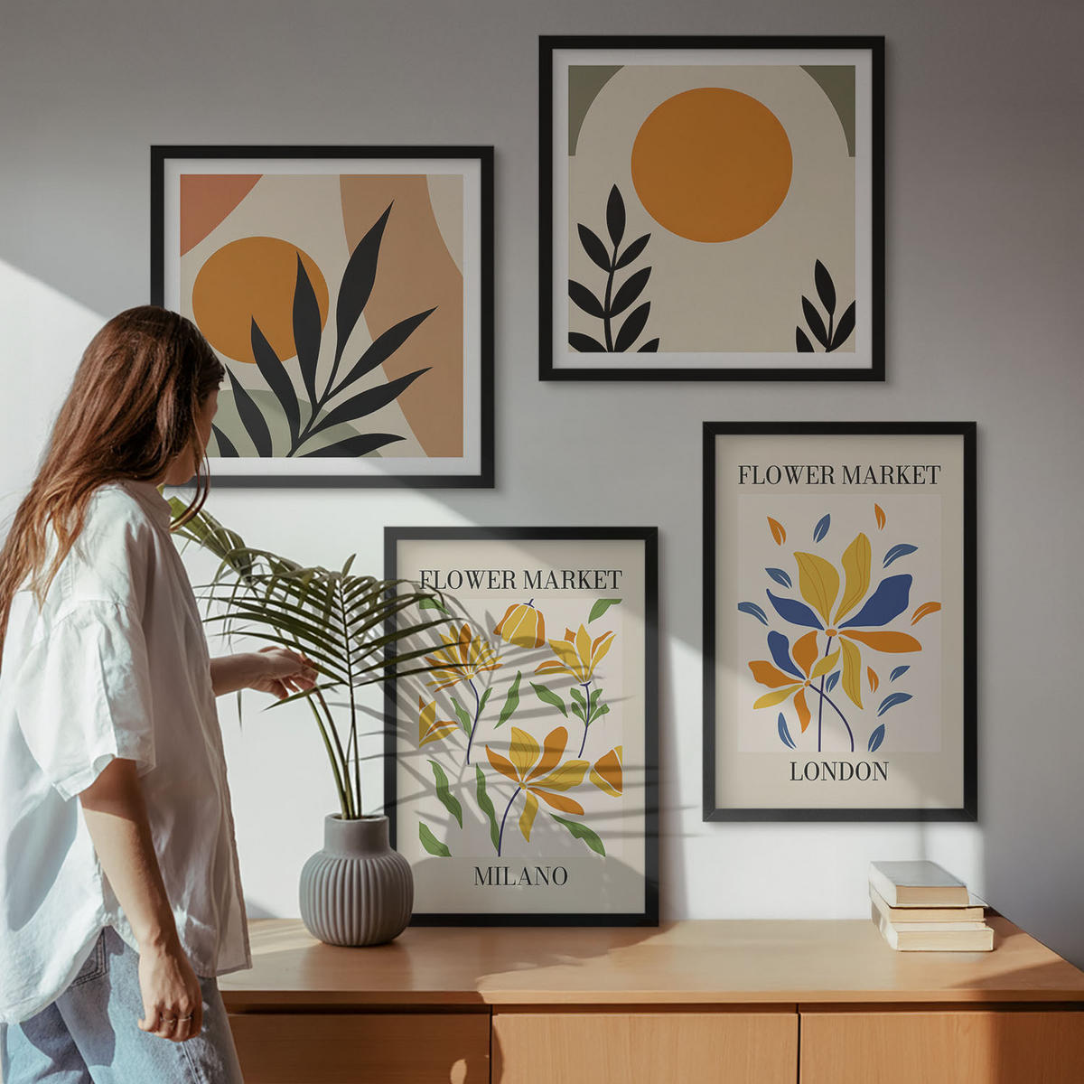 WANDBILDER 4er-Set - 50x50 cm & 40x60 cm Schwarzer Rahmen - Blumenposter Paris Mailand - Schwarz, Kunststoff (50/50cm) - ArtPrintCave