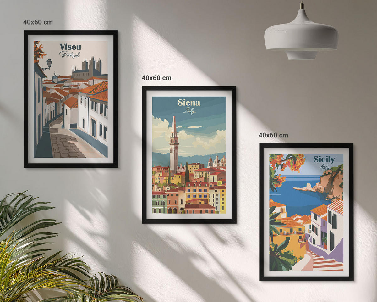 BILDER SET 3er Set - 40x60 cm Schwarzer Rahmen - Retro-Illustrationen von Weltstädten - Schwarz, Kunststoff (40/60cm) - TULUP
