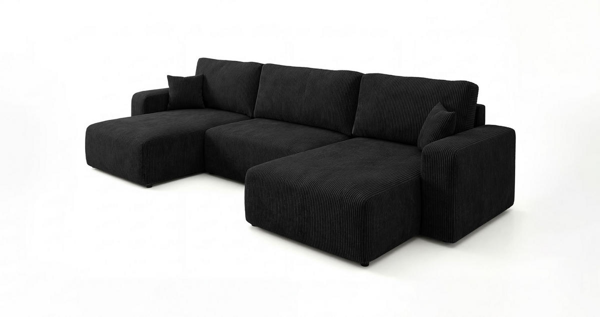 WOHNLANDSCHAFT BERLIN U-Form schwarz Cord Poso 135 - Schlaffunktion, Bettkasten - Schwarz, Textil (385/86/185cm) - Cornero
