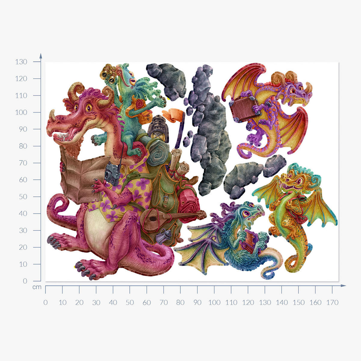 WANDAUFKLEBER 130x174cm - Drachen-Märchenfamilie - Multicolor, Kunststoff (130/174/0.1cm) - Wallfluent