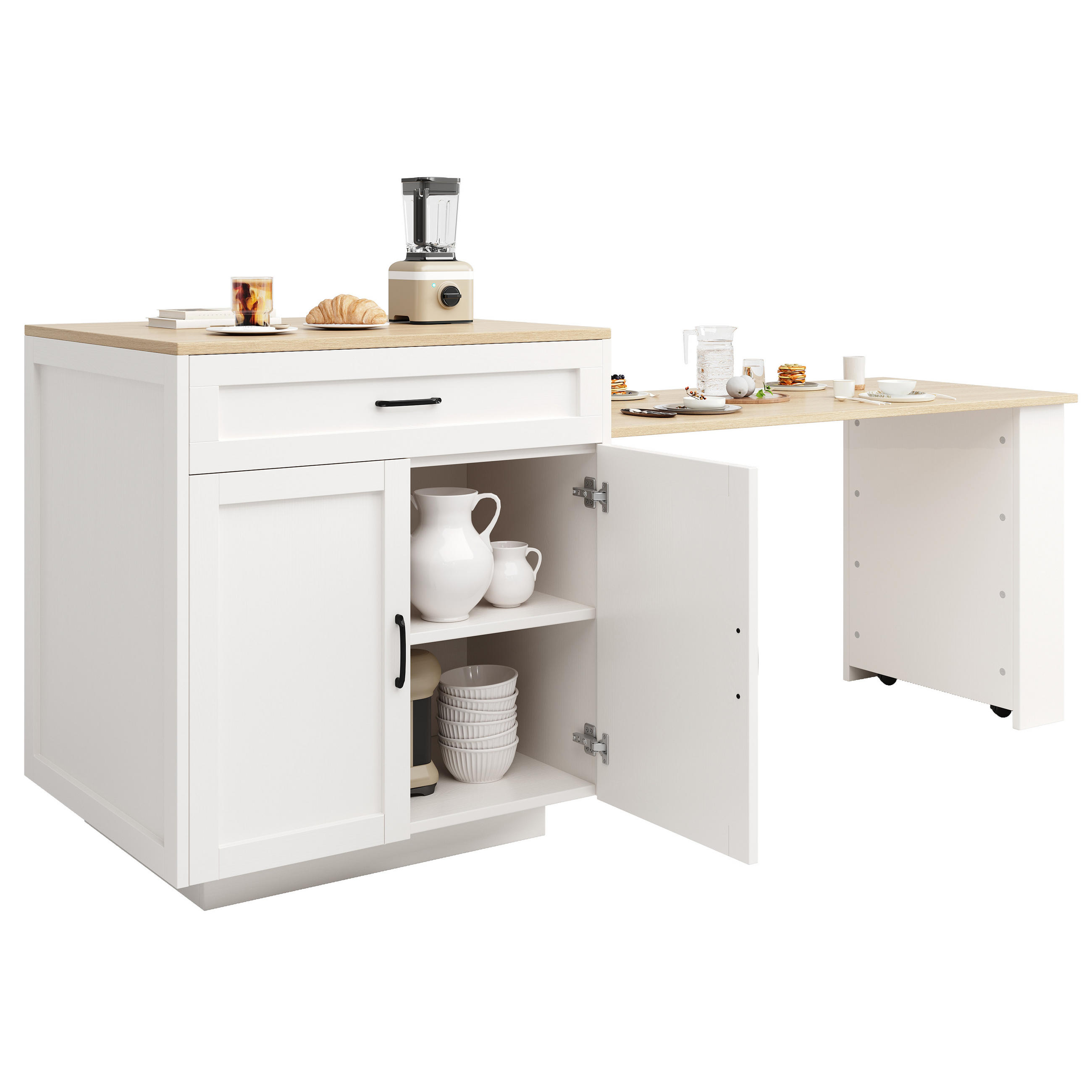 STEHTISCH ausziehbar 133-202/70/93,5 cm in Weiß mit Stauraum und Rollen - Weiß, Holzwerkstoff (133/70/93.5cm) - BEAOK