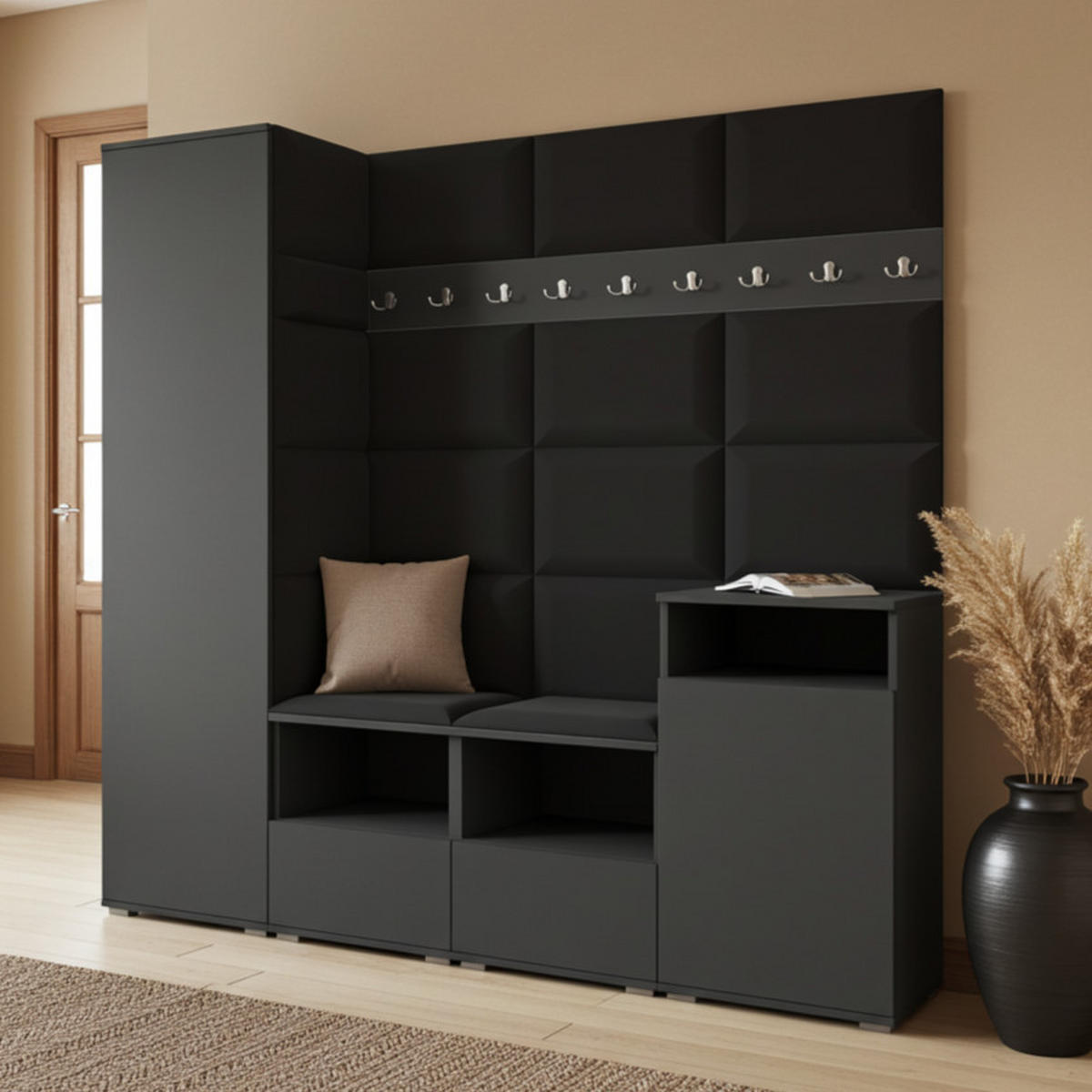 GARDEROBE NELA X 200 cm (Modulare Flurmöbel Graphit mit Sitzpolster Schwarz 16 Schrank + Sideboard) - Silberfarben/Schwarz, Holz/Holzwerkstoff (200/187/40cm) - Ravio