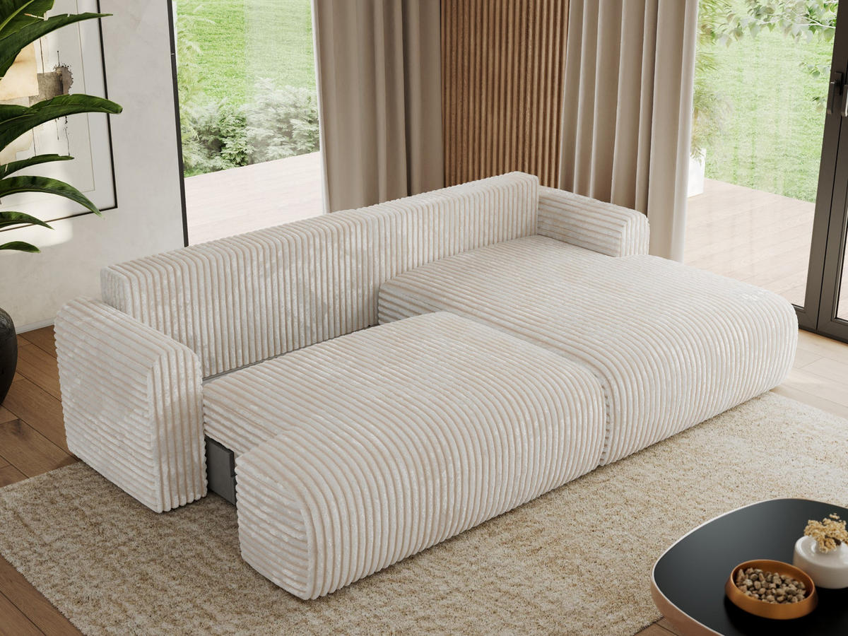 ECKSCHLAFSOFA TONO L Creme Cord - rechts - Creme/Schwarz, Kunststoff/Textil (150/260cm) - MKS