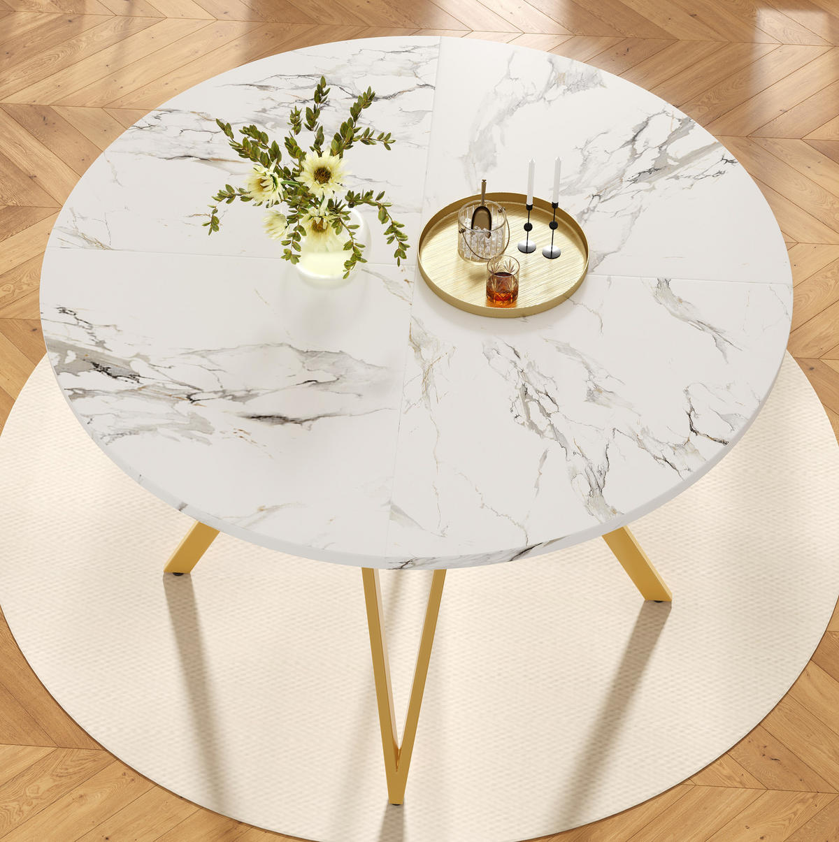 JEDÁLENSKÝ stôl 100/100/76 cm z MDF, zlatý s mramorovým dekorom - zlatá, kompozitné drevo (100/100/76cm) - BEAOK