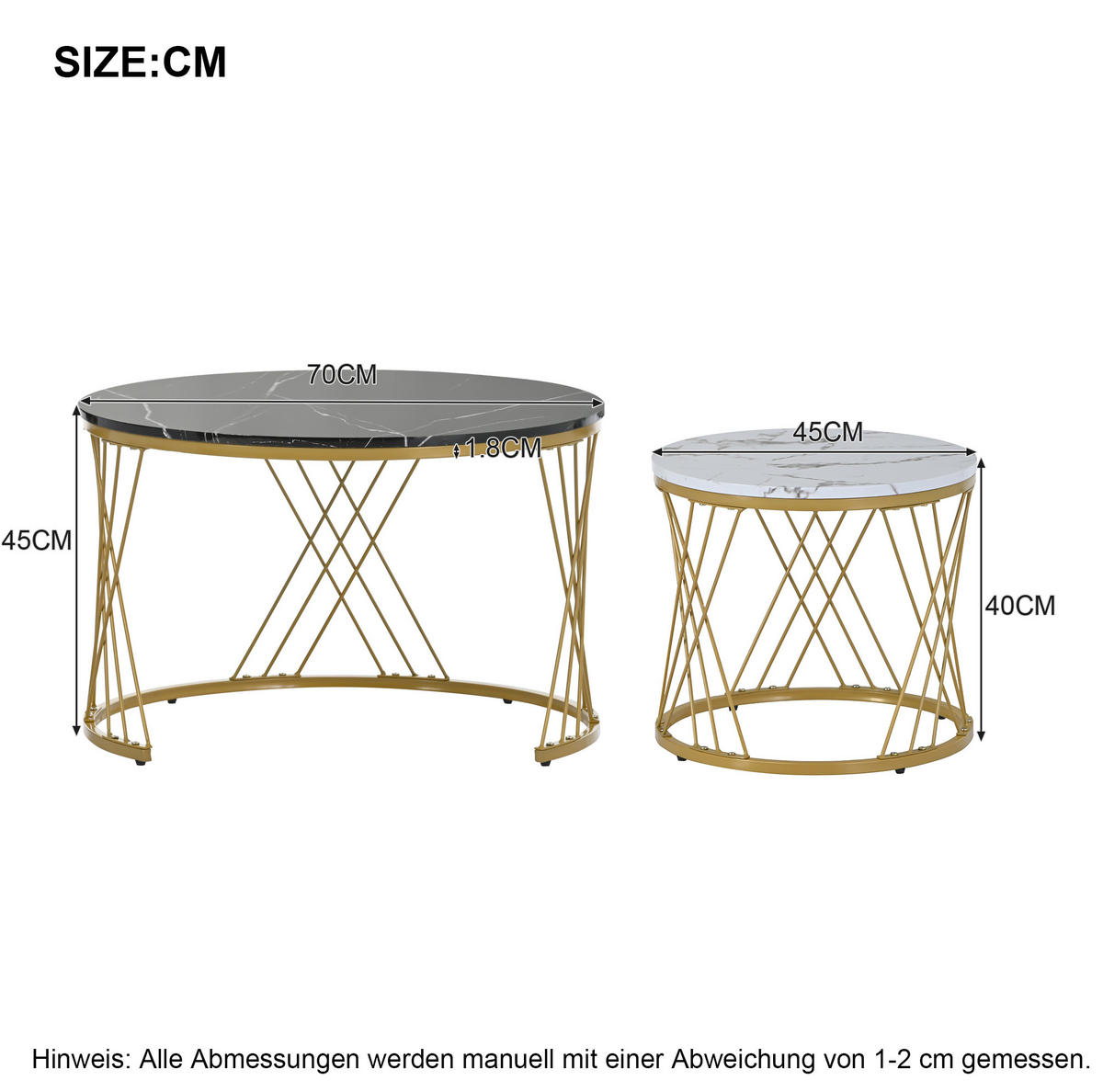 COUCHTISCH-SET 70/70/45 cm, 2-teilig ineinanderschiebbar mit Marmormuster und Metallgestell, Schwarz - Schwarz, Holzwerkstoff (70/70/45cm) - Redom