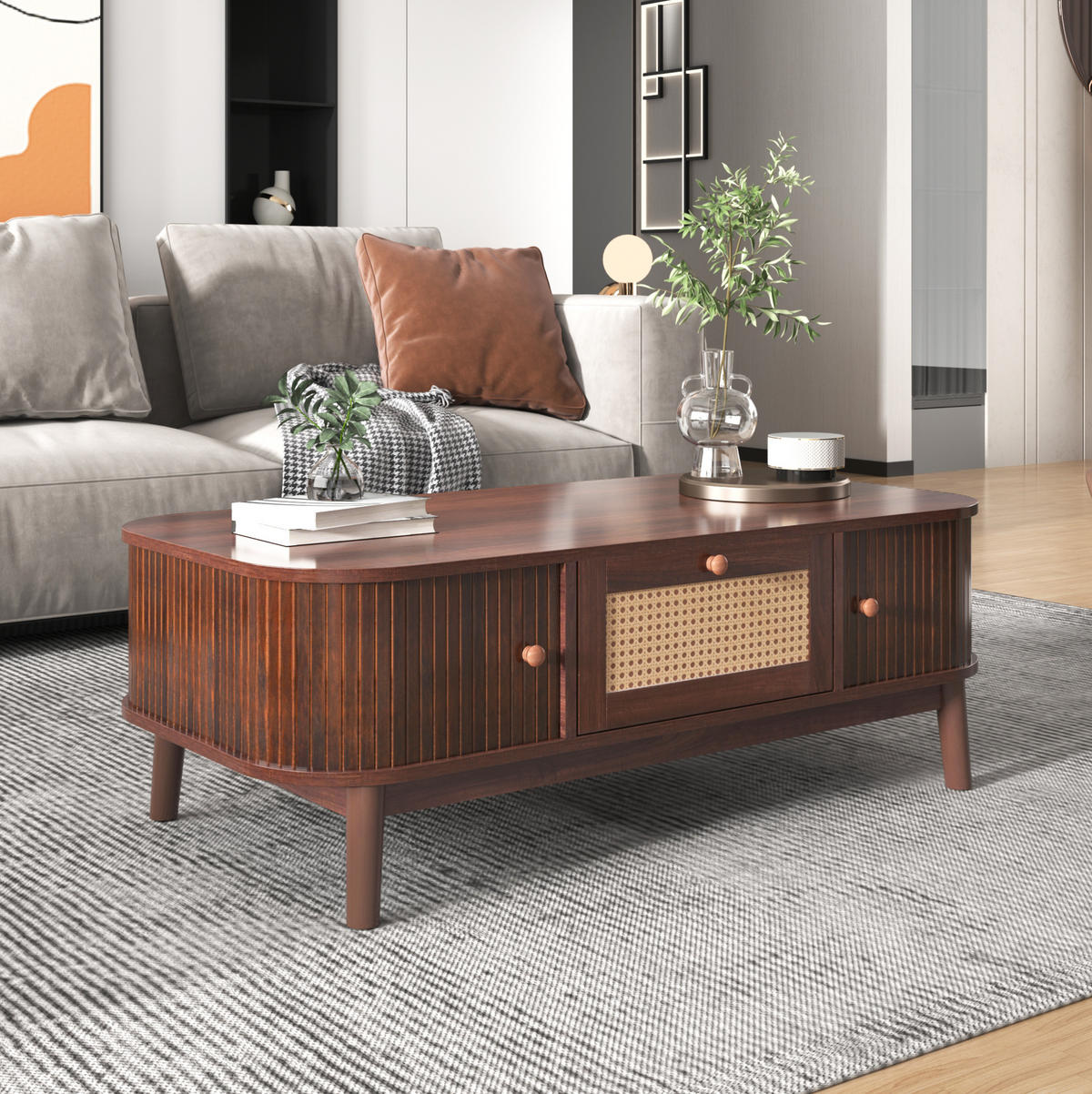 COUCHTISCH 110/55/38,5 cm mit Rattan und Schiebetüren in Natur - Naturfarben, Holzwerkstoff (110/55/38.5cm) - Flora Grace