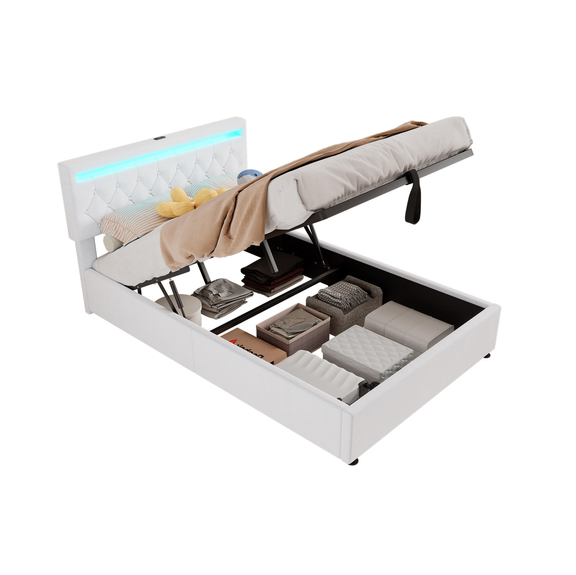 POLSTERBETT 140/200 cm Weiß mit Stauraum, LED-Beleuchtung und USB-Anschlüssen - Weiß, Textil (140/200cm) - Flora Grace