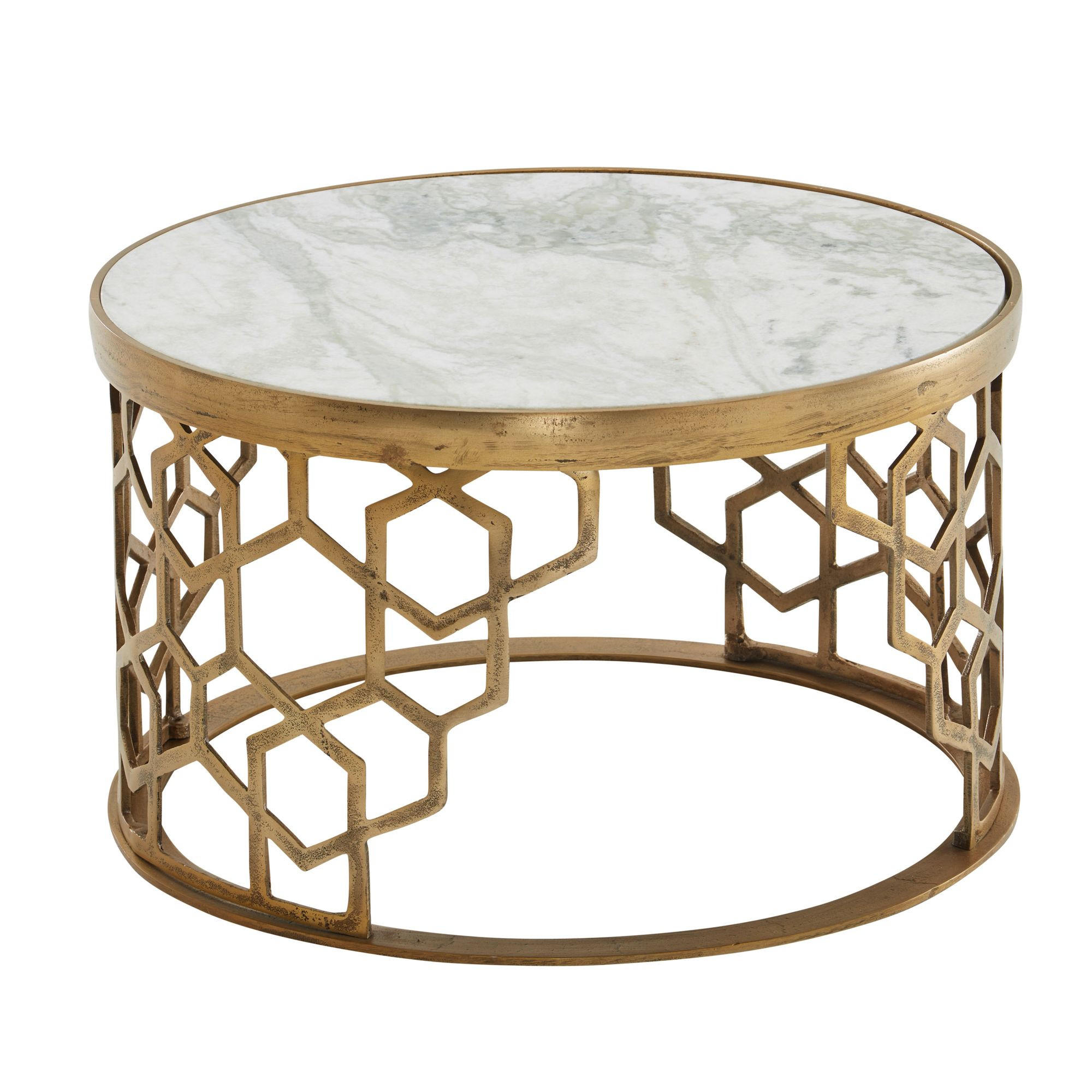 COUCHTISCH Weiß Marmor und Metall, Rund, Maße 60x60x36 cm, Modernes Design - Goldfarben/Weiß, Stein/Metall (60/60/36cm) - KADIMA DESIGN