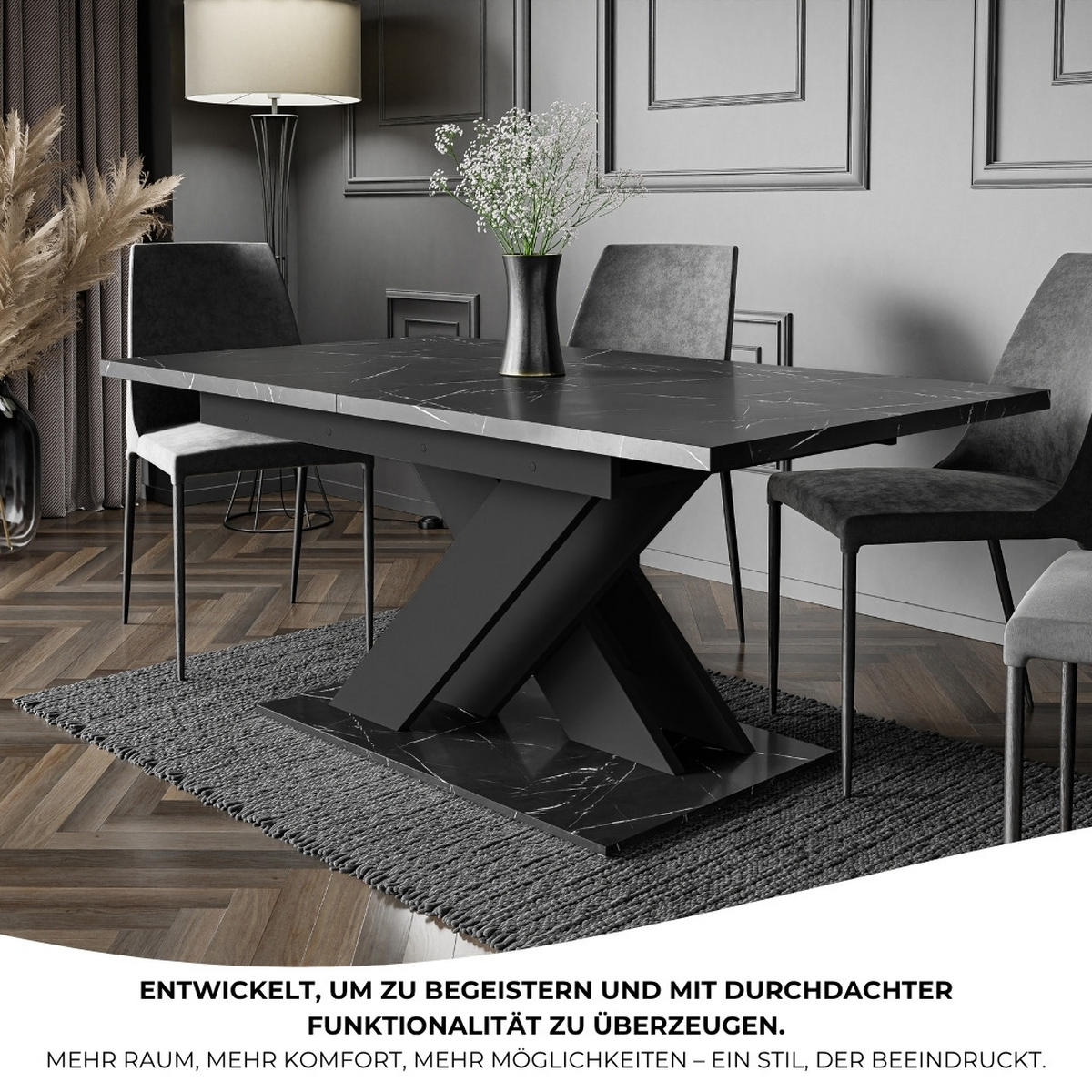 ESSTISCH Royal Schwarz Marmoptik Ausziehbar 140 - 180 cm - Schwarz, Holzwerkstoff (140/80/75cm) - PROSPERO