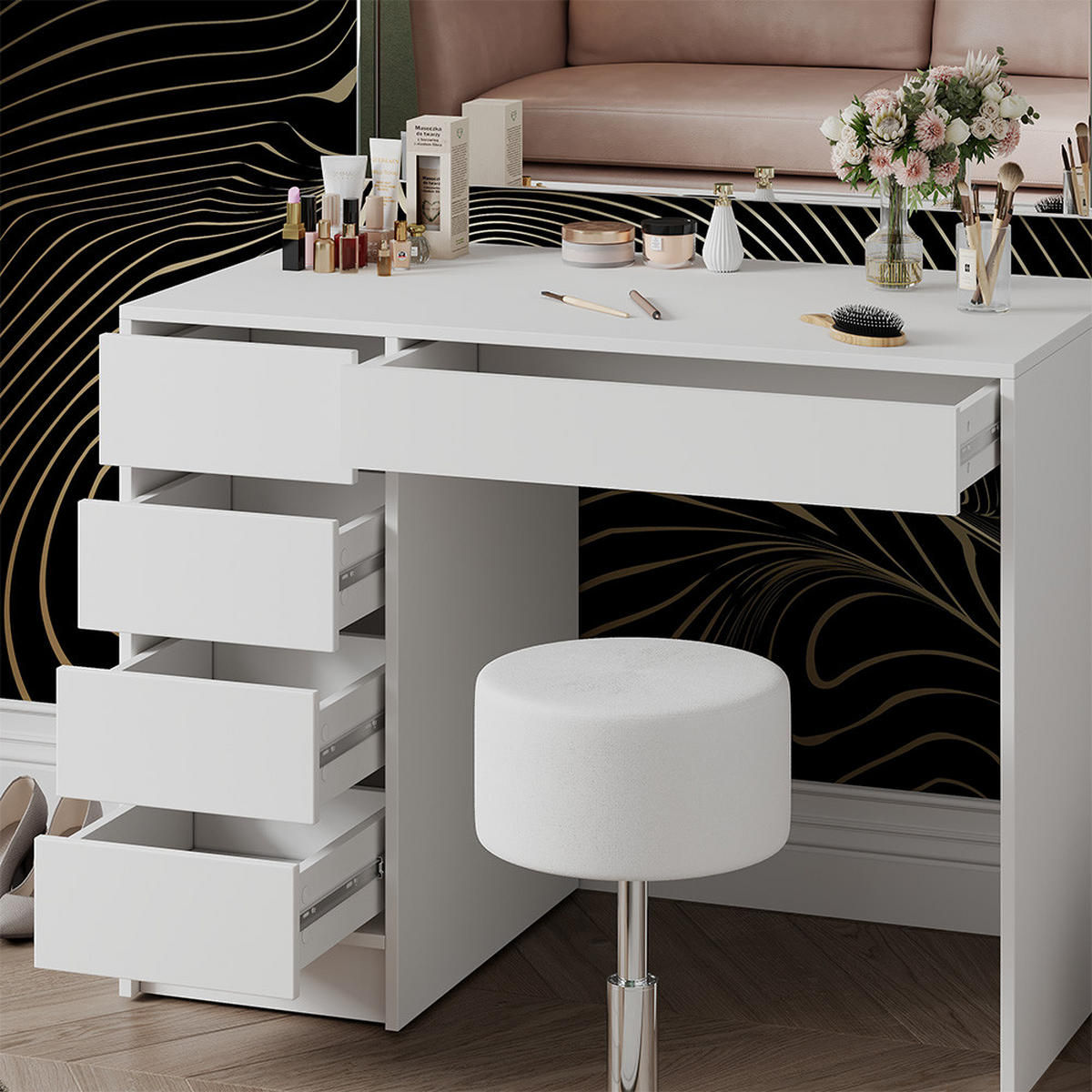 SCHMINKTISCH Thalia Weiß 100 cm mit Hocker - Weiß, Holzwerkstoff (100/75.5/50cm) - Vicco