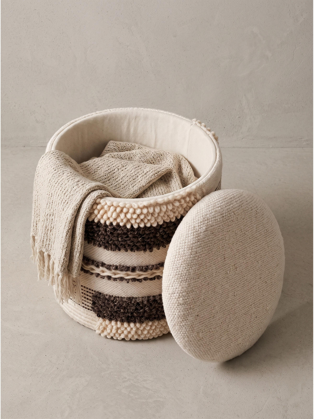 SITZHOCKER RHONE, Stoff, mit Textilbezug, mit Stauraum, Beige-Braun, Ø 40 x 45 cm - Beige/Creme, Textil (40/45/40cm) - KADIMA DESIGN