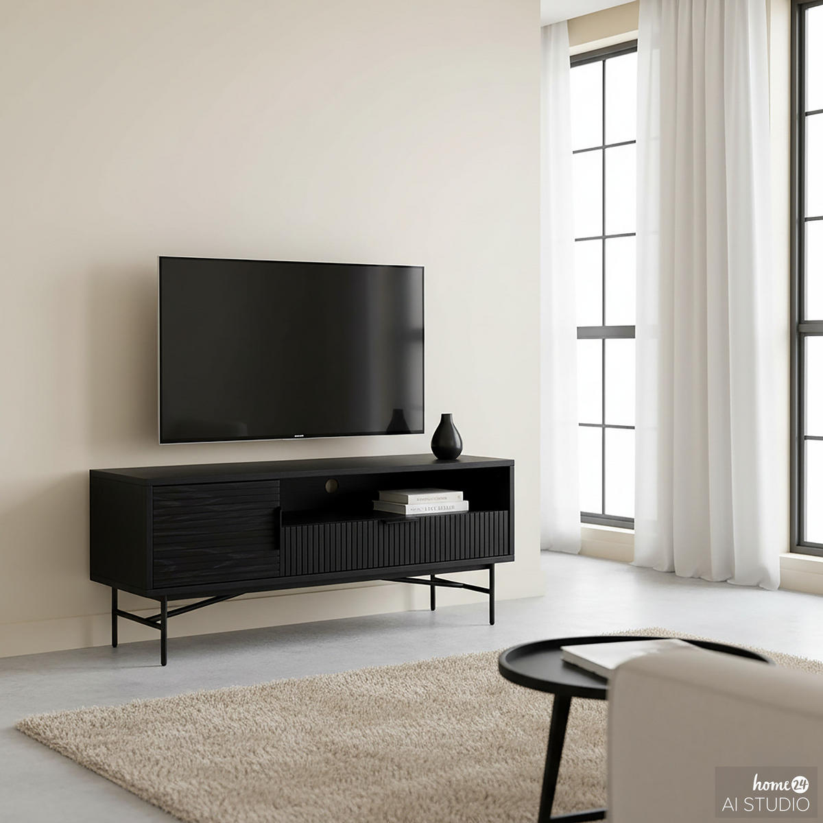 TV-LOWBOARD - Echtholzfurnier - 120 cm - Eichefarben/Schwarz, Holzwerkstoff/Metall (120/50/40cm) - home24