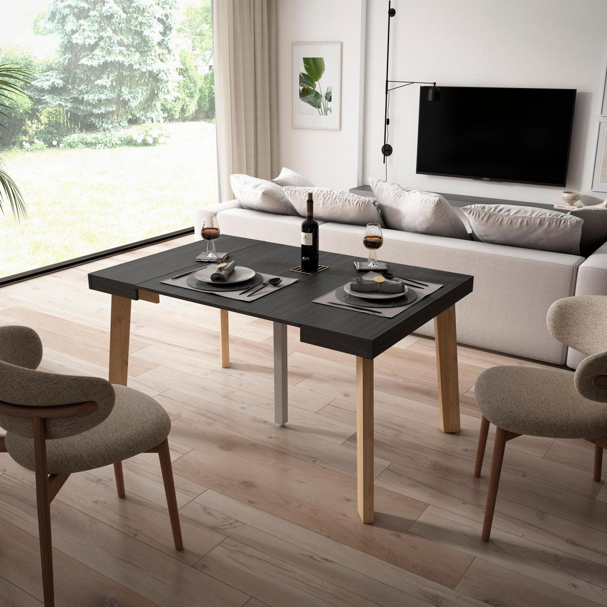 KONSOLENTISCH ausziehbar 58 bis 140cm, für 6 Gäste, schwarz, 90/58/73cm - Schwarz, Holzwerkstoff (90/140/73cm) - Skraut Home